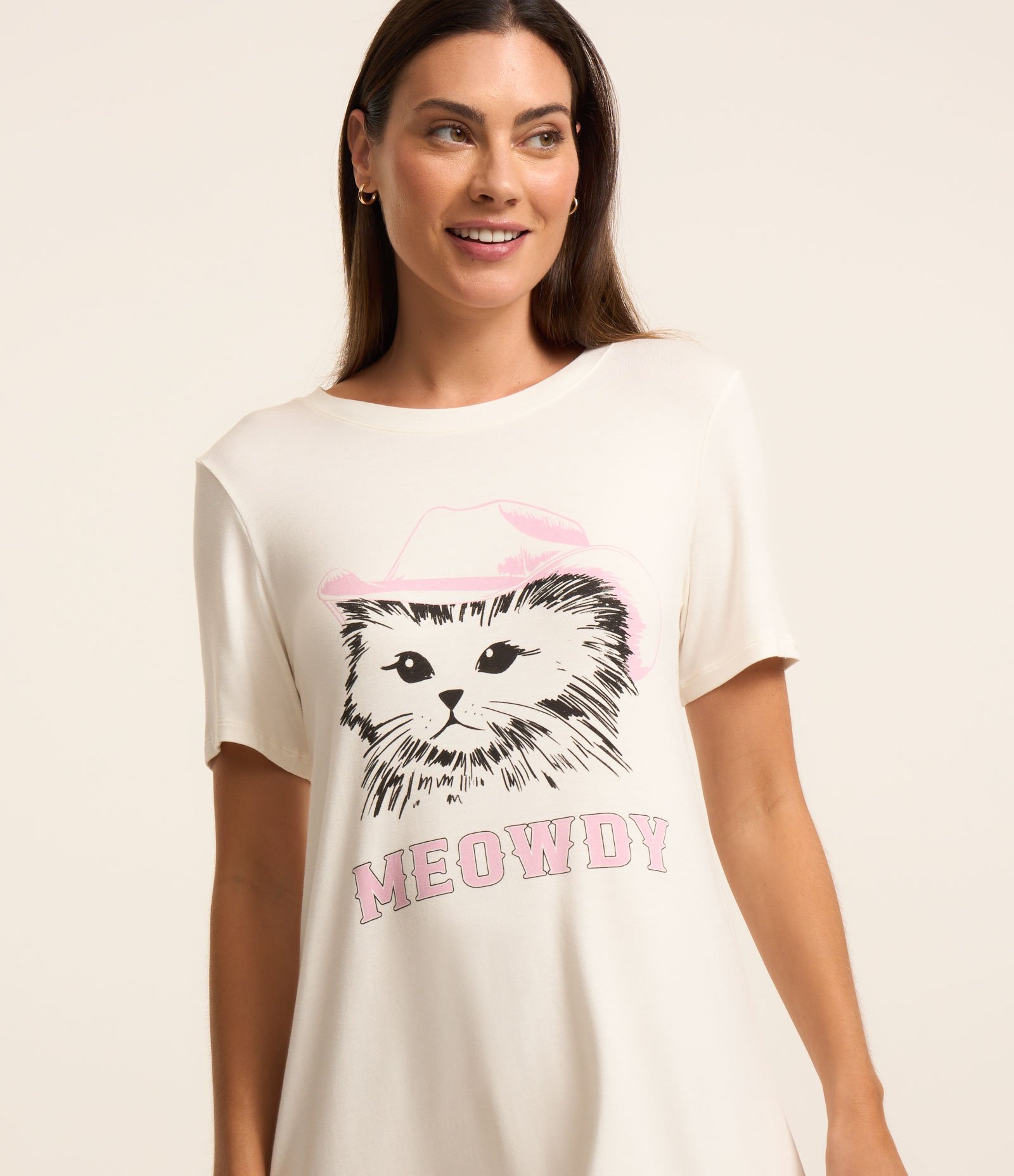 Camisola em Viscose com Estampa de Gato com Chapéu de Cawboy Branco 3
