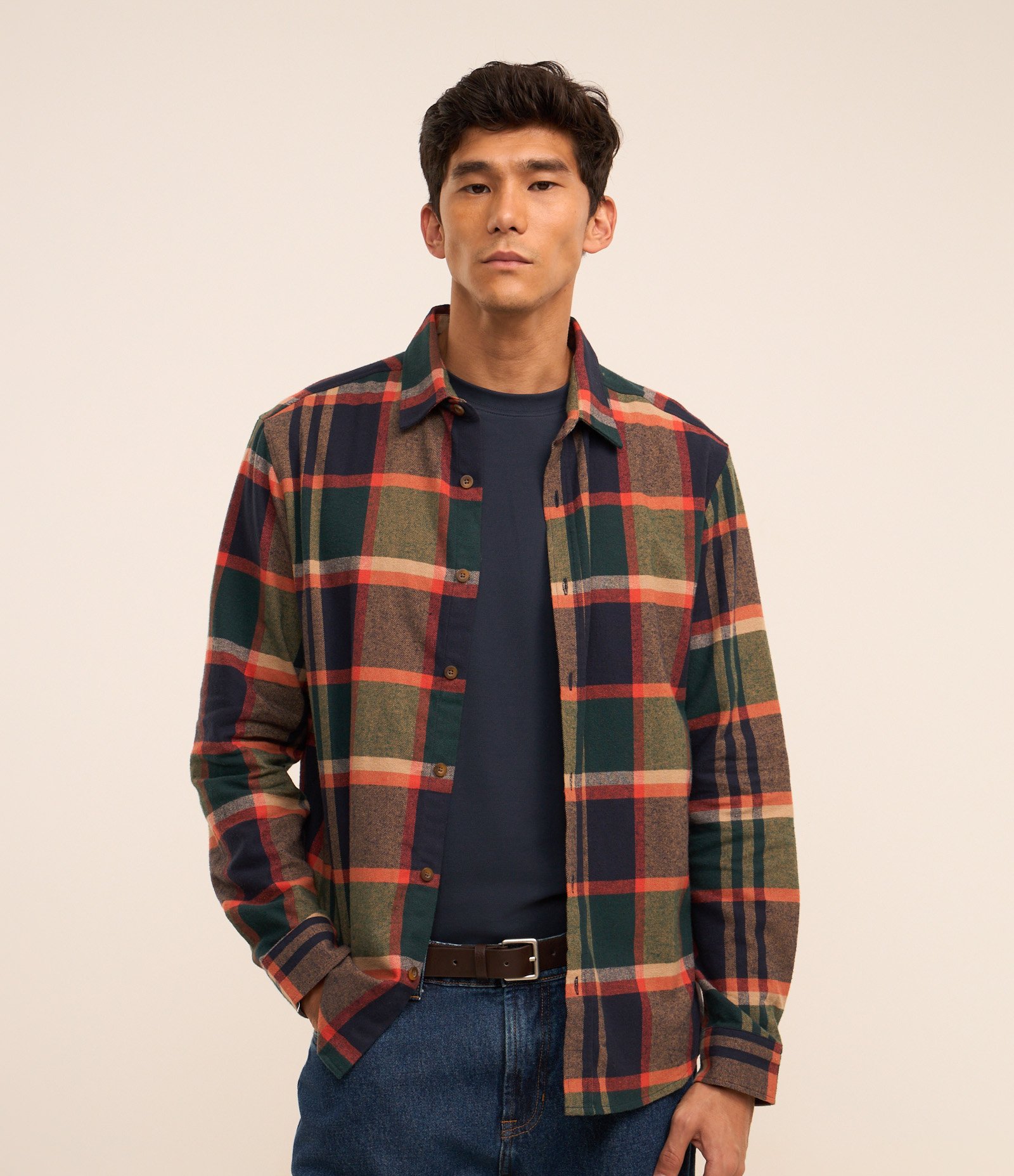 Camisa em Flanela com Estampa Xadrez Laranja/Cinza/Azul 1