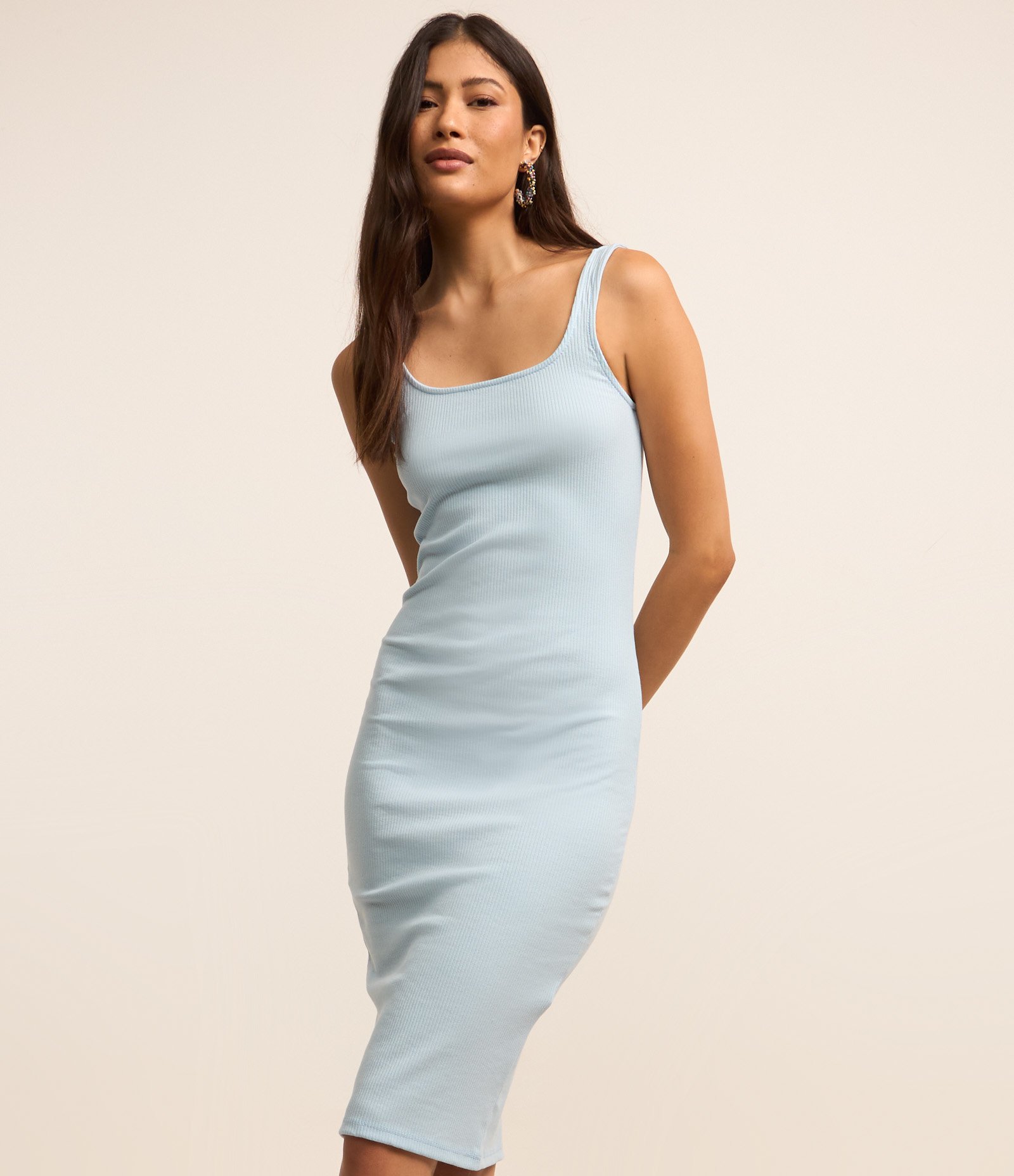 Vestido Midi Básico com Decote Quadrado Azul Claro 2