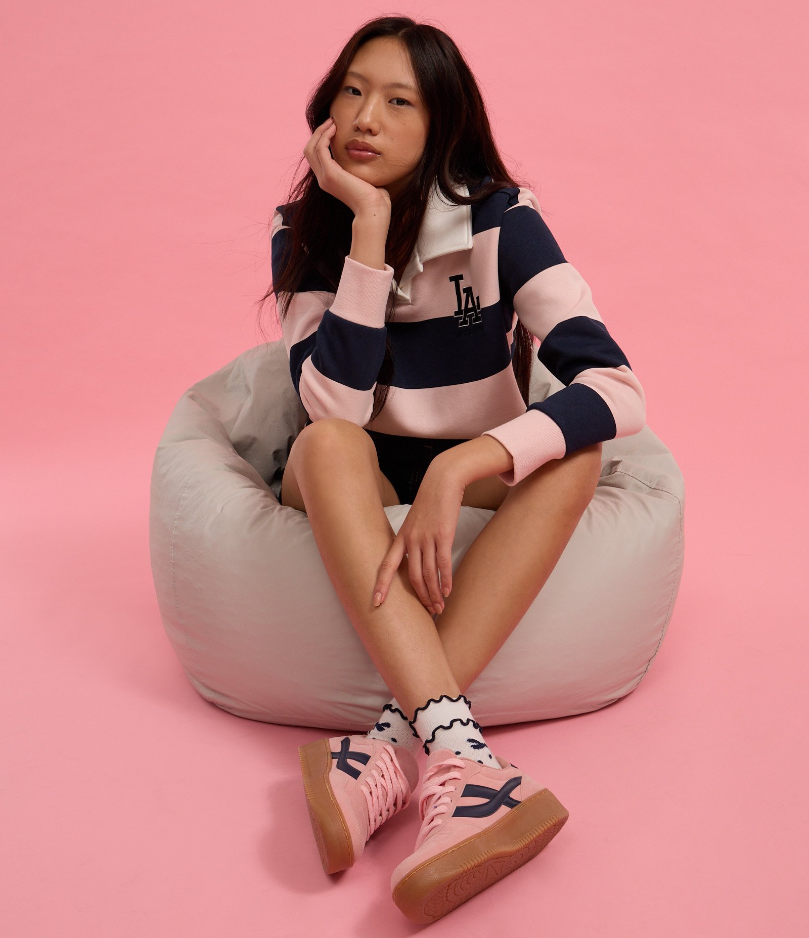 Suéter Slim em Moletom com Listras Largas Rosa 4