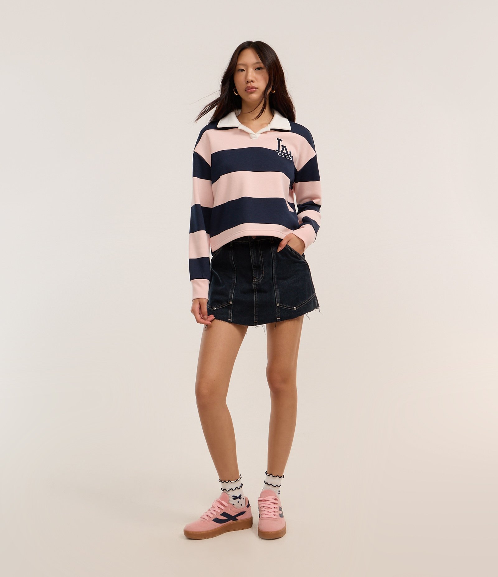 Suéter Slim em Moletom com Listras Largas Rosa 2