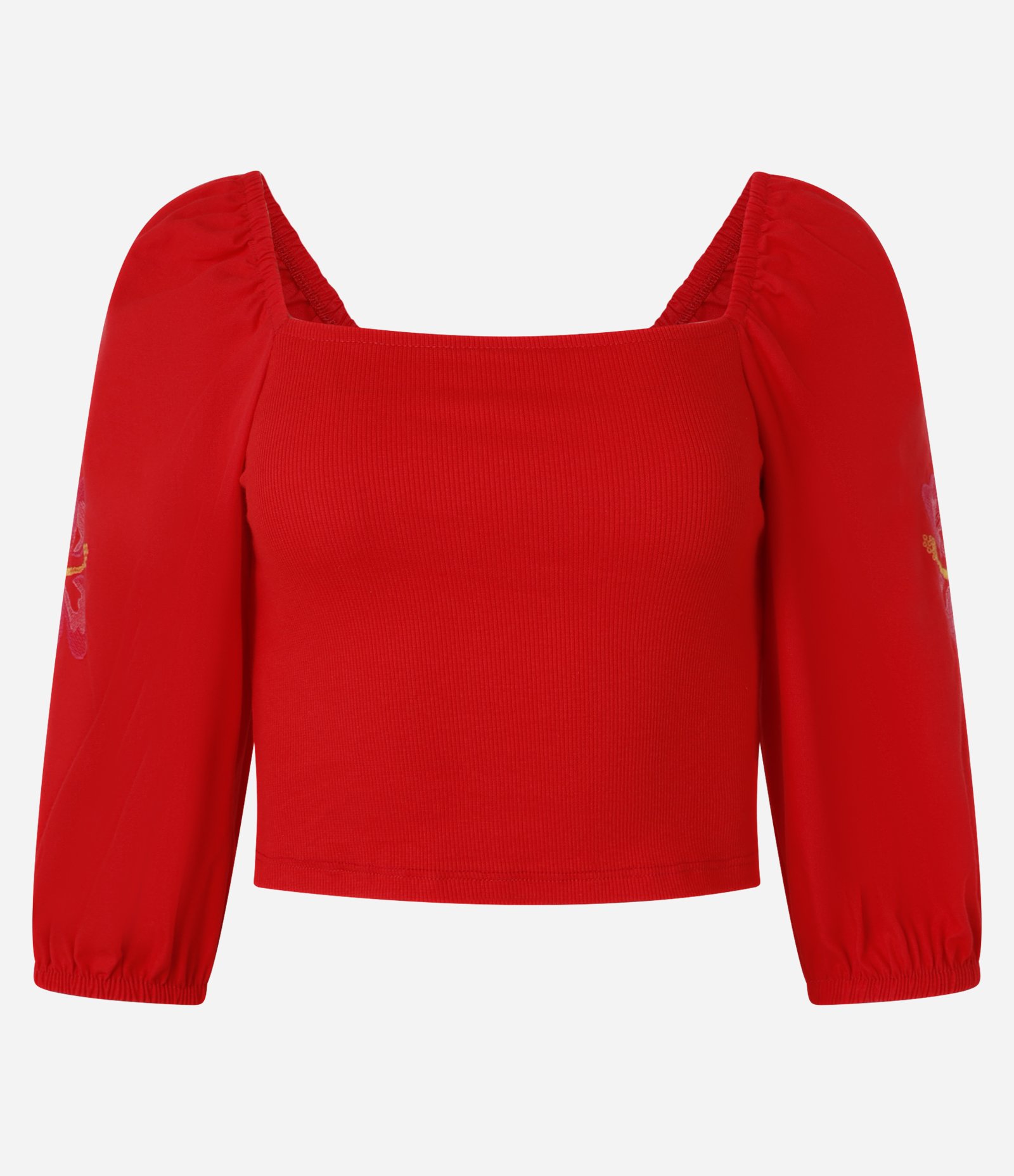 Blusa Cropped em Ribana com Flor Bordada na Manga Bufante Vermelho 4
