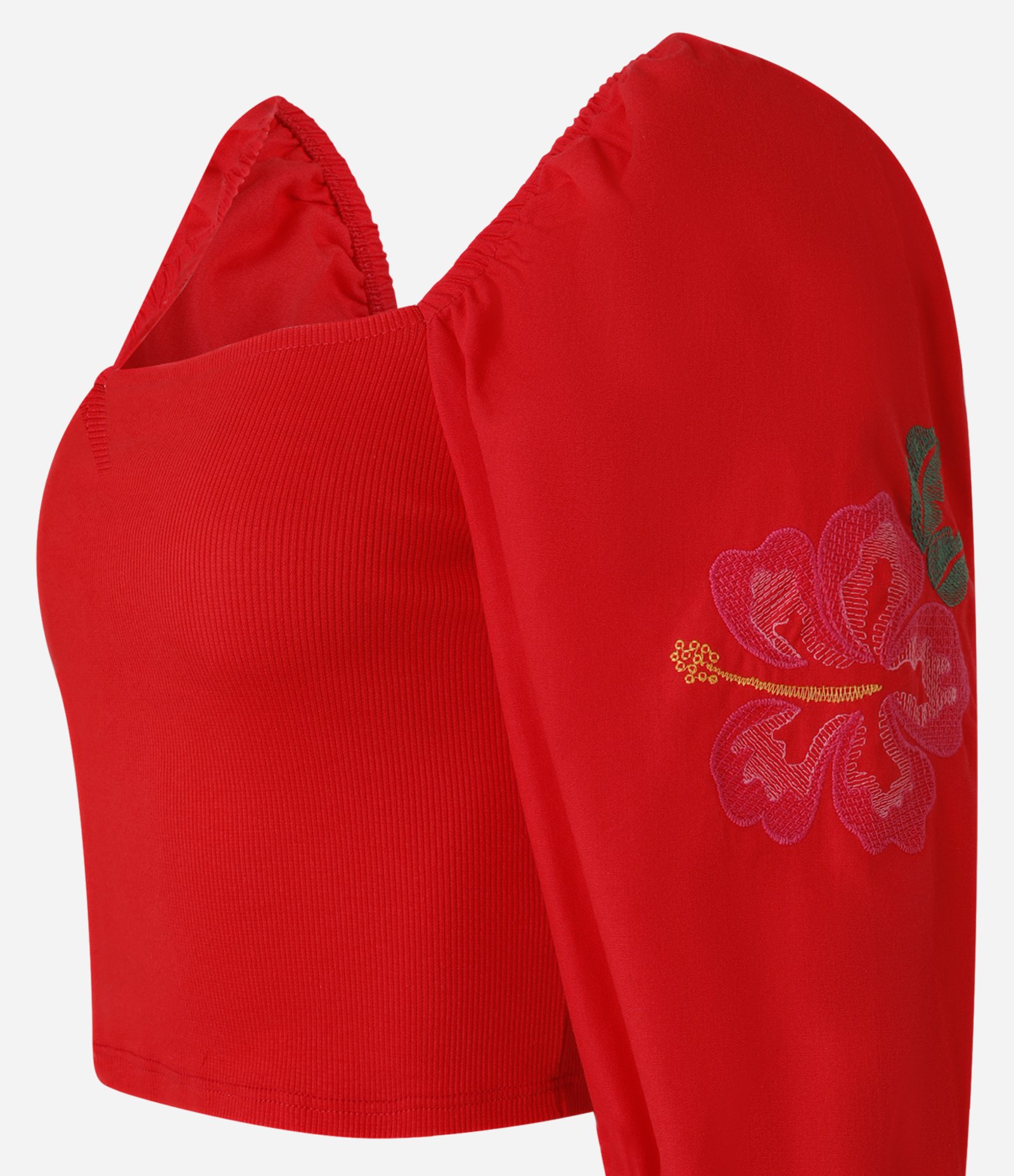 Blusa Cropped em Ribana com Flor Bordada na Manga Bufante Vermelho 5