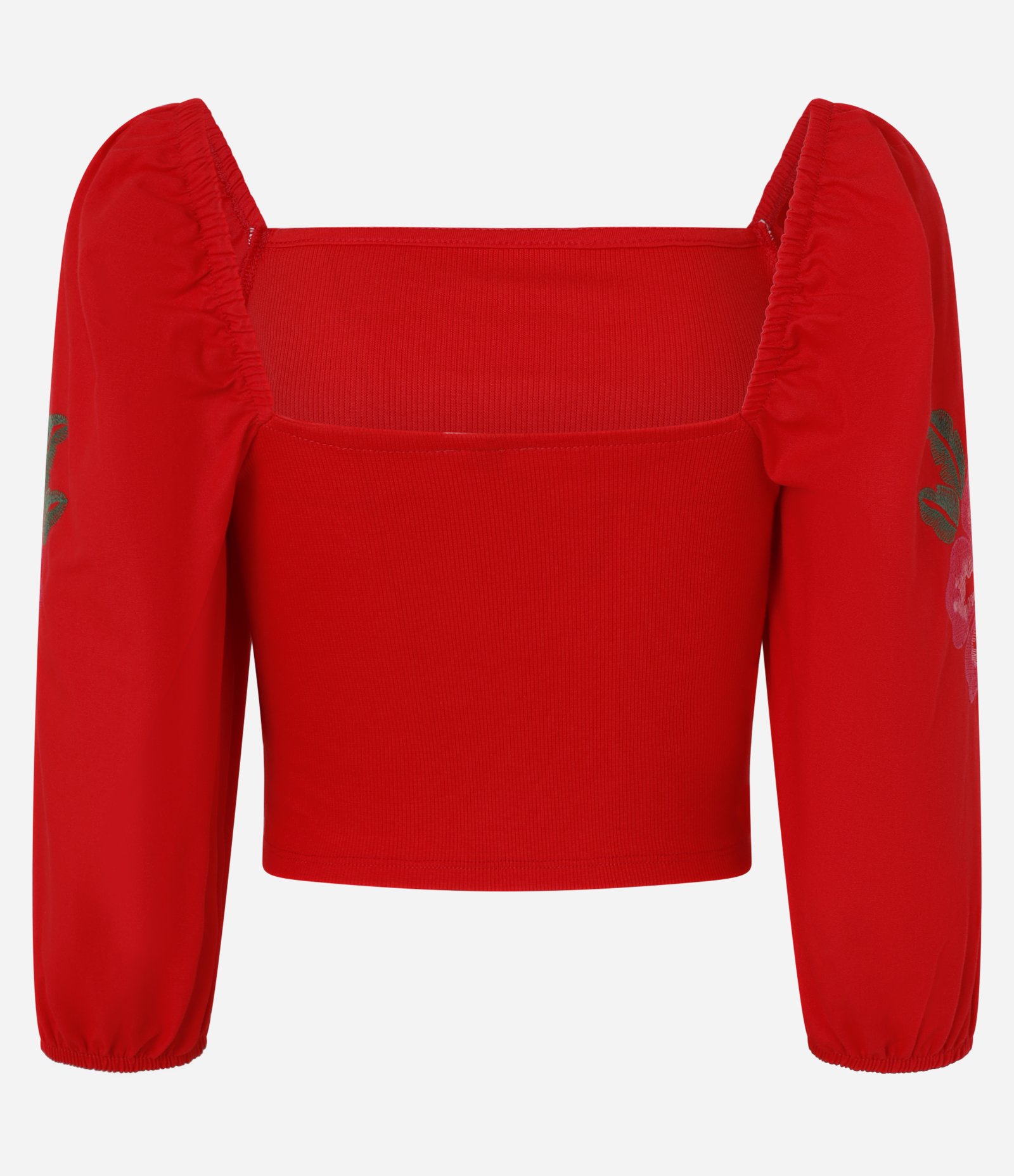 Blusa Cropped em Ribana com Flor Bordada na Manga Bufante Vermelho 6
