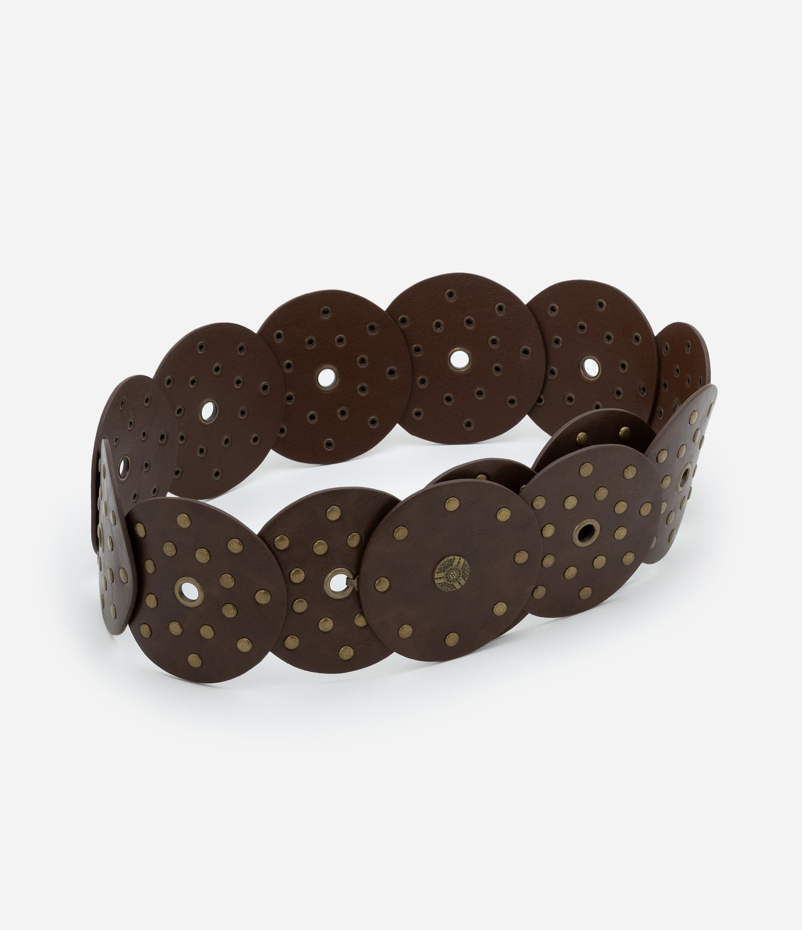 Cinto Largo em PU com Formato de Discos com Tachinhas Marrom 3