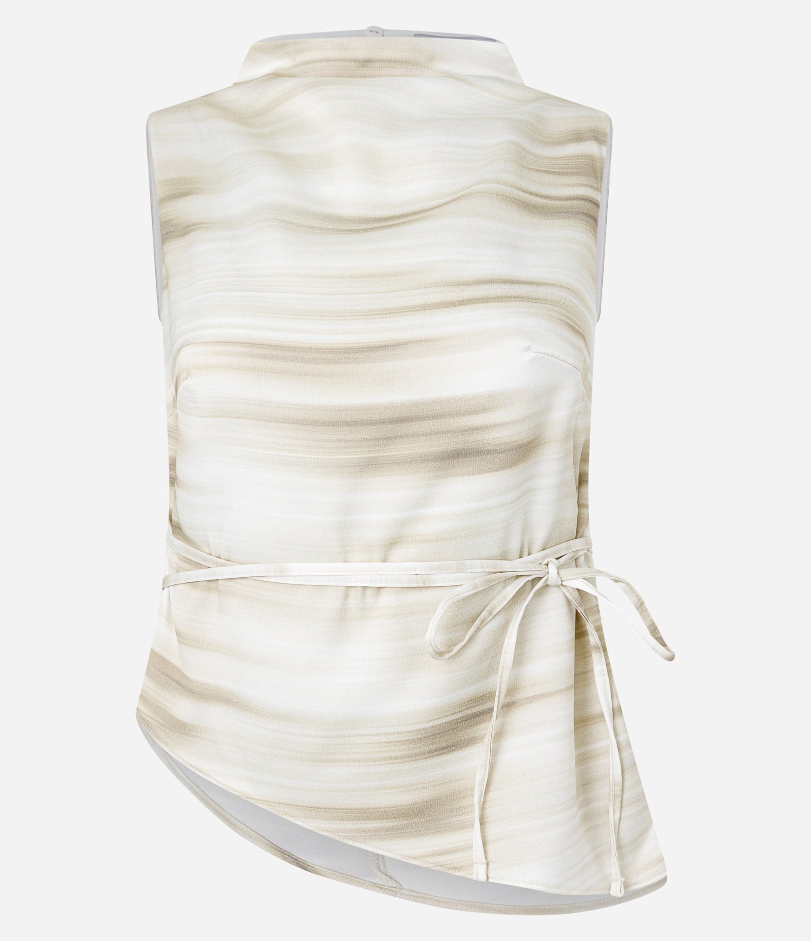 Blusa Acetinada Sem Manga com Estampa Abstrada Bege 5