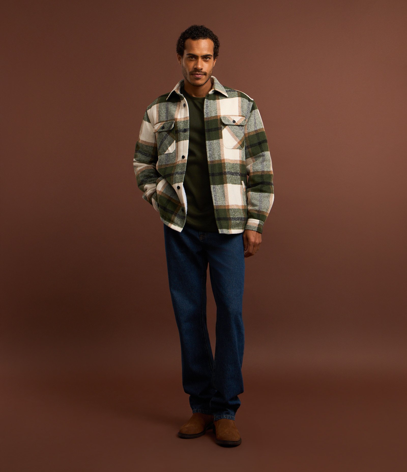 Jaqueta Trucker em Veludo com Estampa Xadrez Verde/ Marrom/ Branco 2