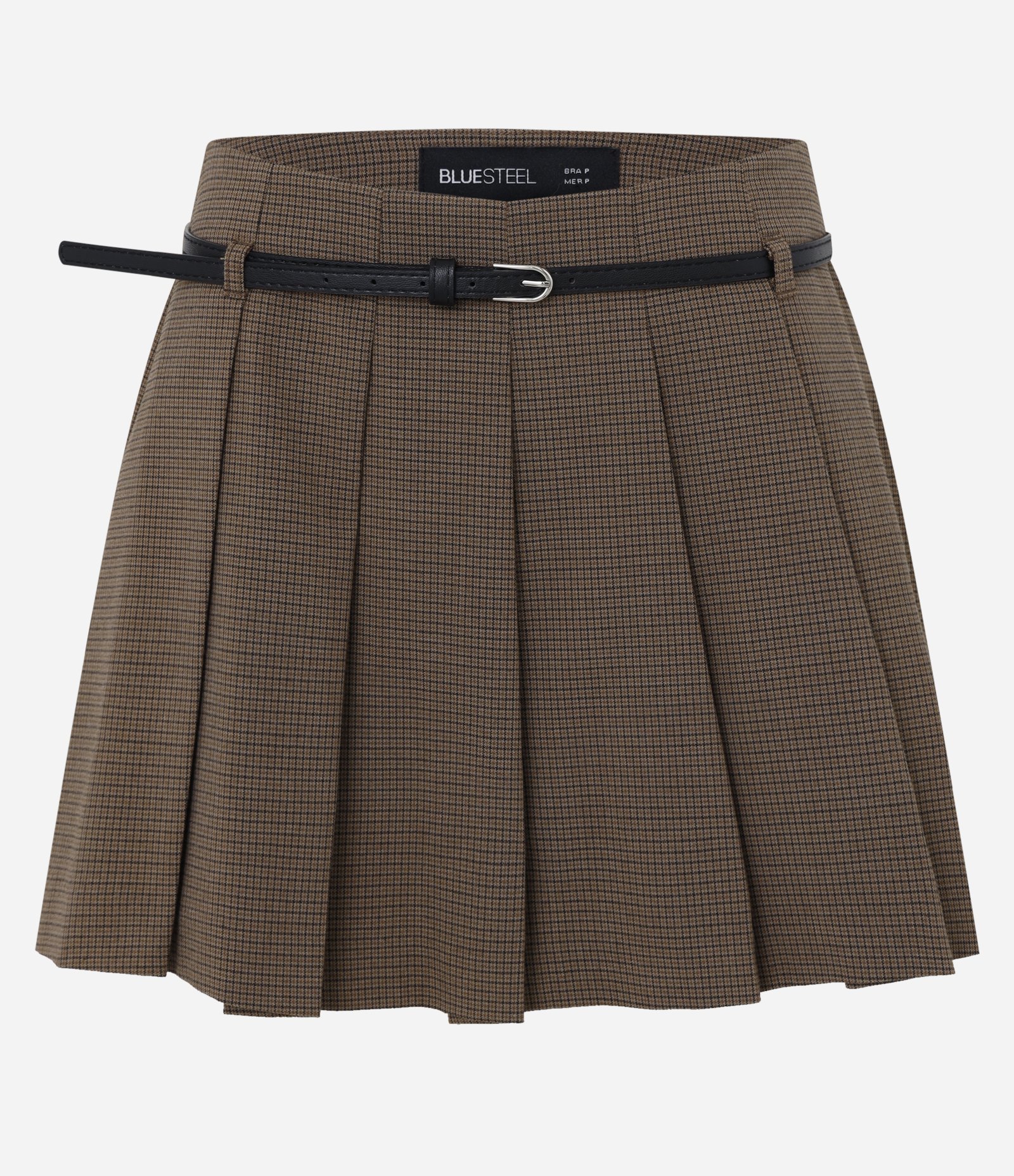 Short Saia em Alfaiataria Plissada com Estampa Xadrez e Cinto Marrom 6