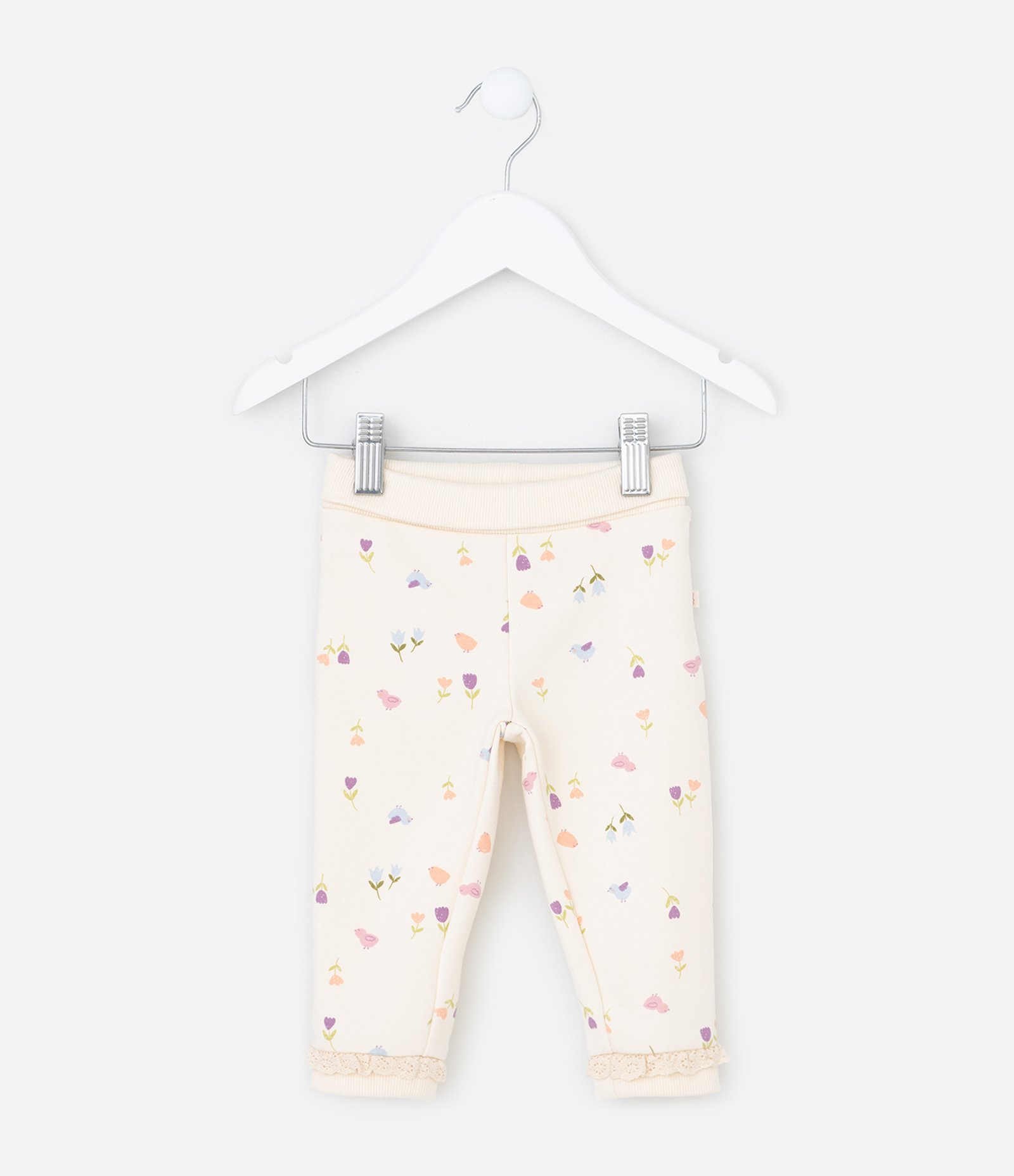 Calça Legging Infantil com Cós Dobrado e Estampa Floral - Tam 0 a 18 meses Bege 1