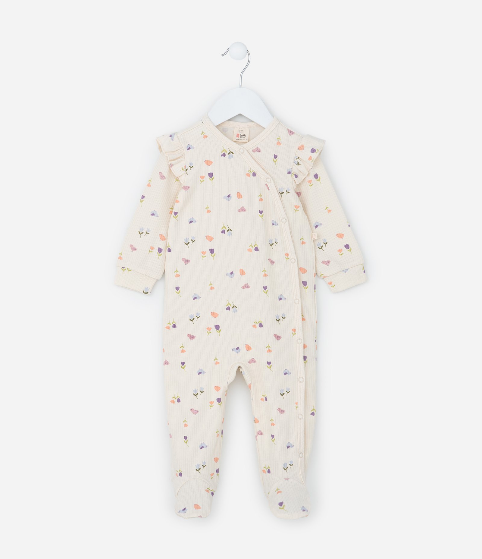 Macacão Infantil Canelado com Babados e Estampa Floral - Tam RN a 18 meses Bege 1