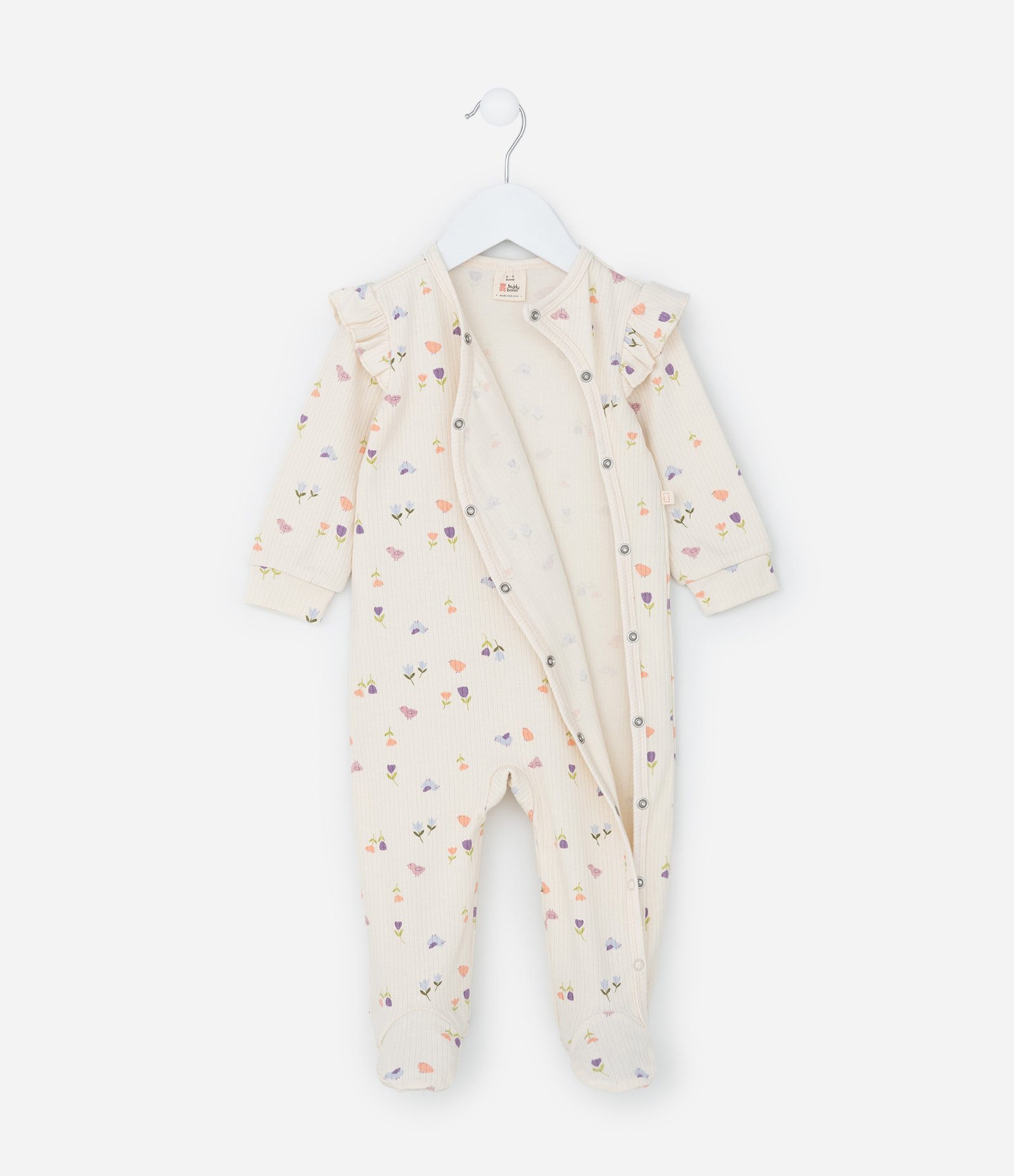 Macacão Infantil Canelado com Babados e Estampa Floral - Tam RN a 18 meses Bege 2