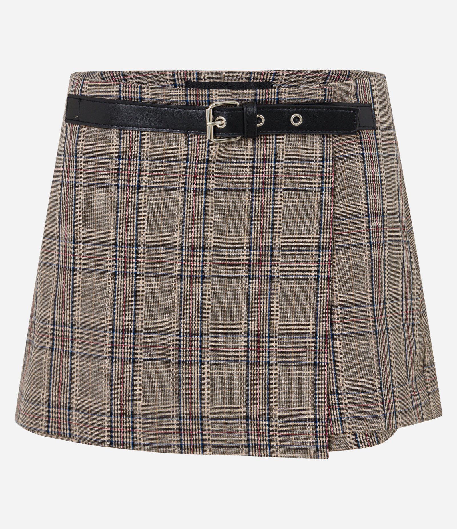Short Saia em Alfaiataria Xadrez com Cinto e Fivela Marrom 5