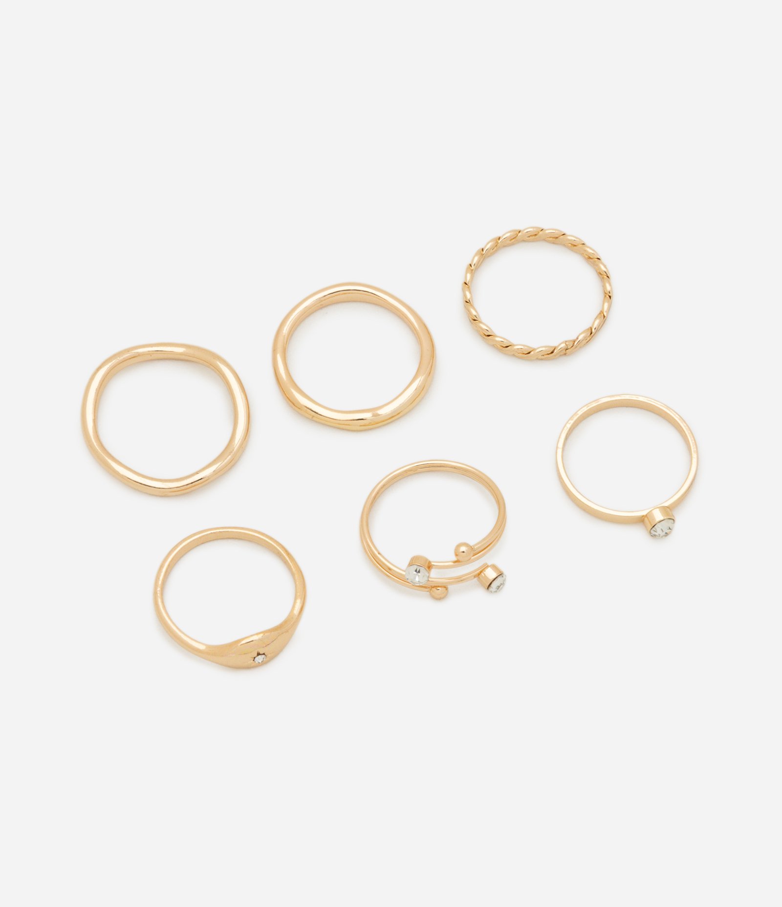 Kit 06 Anéis com Formatos Variados Bold e Trançados com Strass Dourado 1