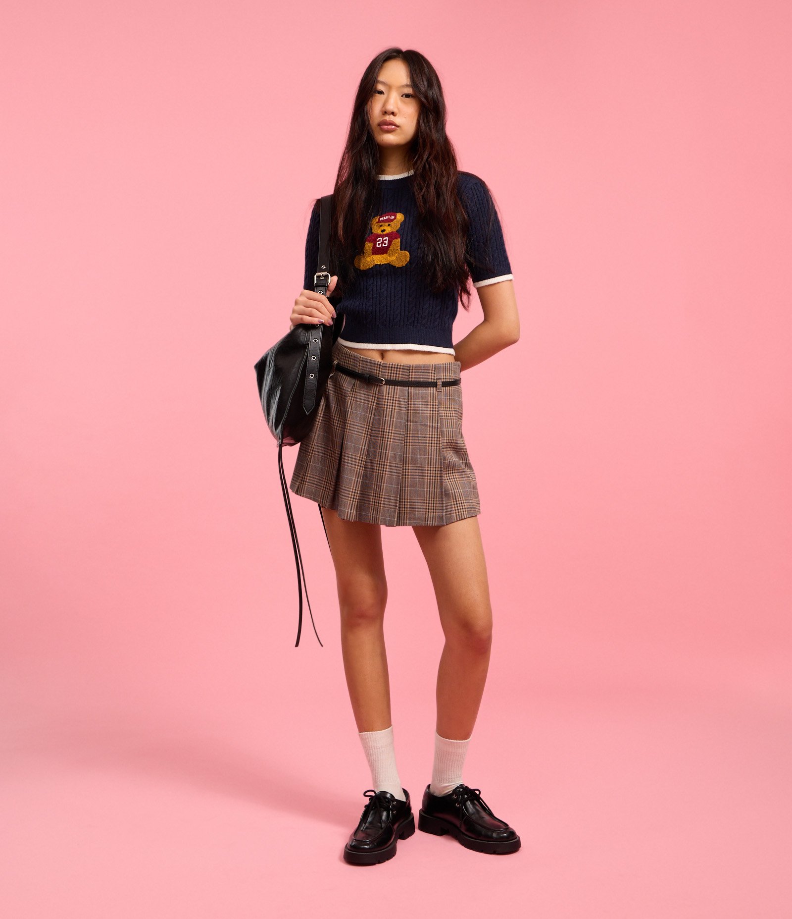 Short Saia em Alfaiataria Xadrez e Plissada Marrom 5