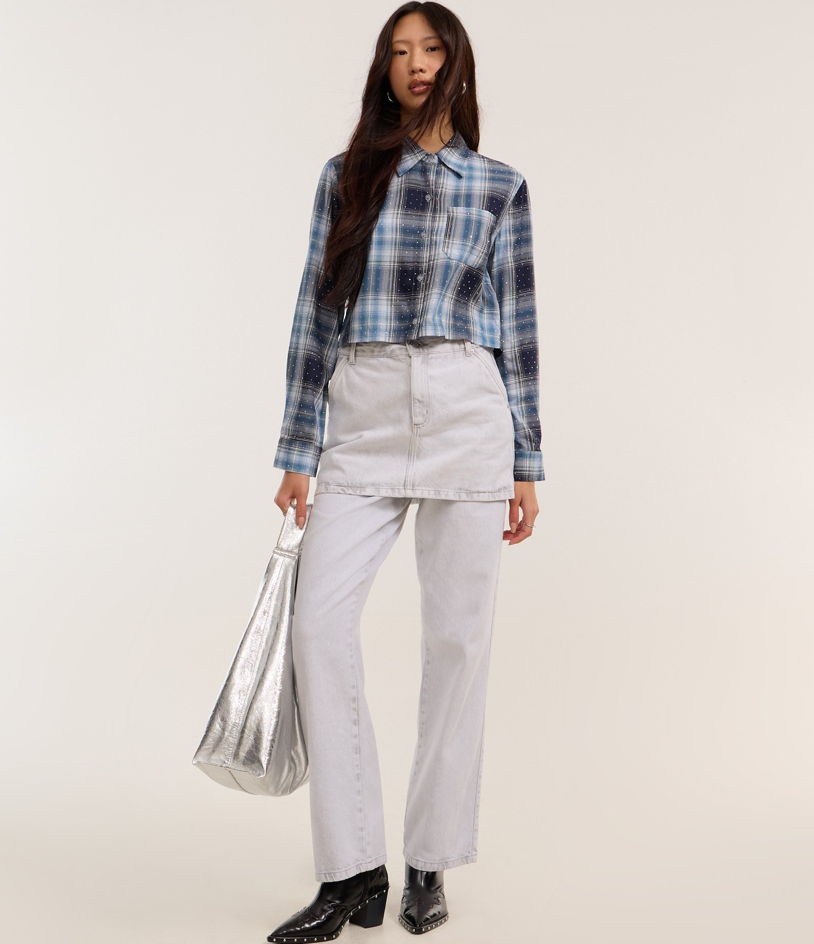 Camisa Curta em Flanela Xadrez com Brilhos Aplicados Azul 2