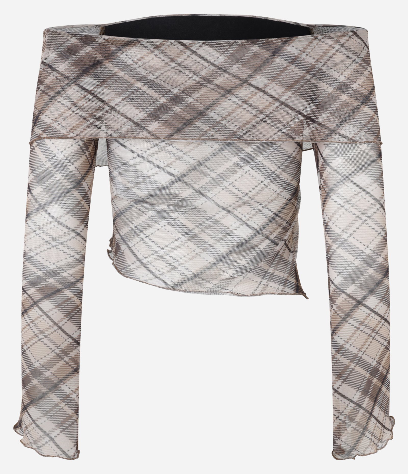 Blusa em Tule Xadrez com Pala Franzida e Decote Ombro a Ombro Marrom 8