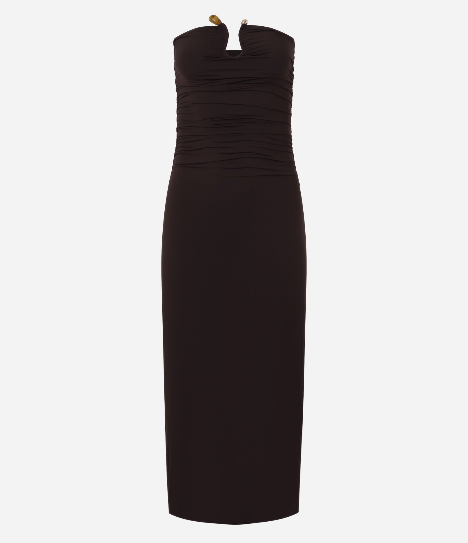 Vestido Sem Manga com Drapeado Sem Alça e Detalhe de Pedra no Decote Marrom 8