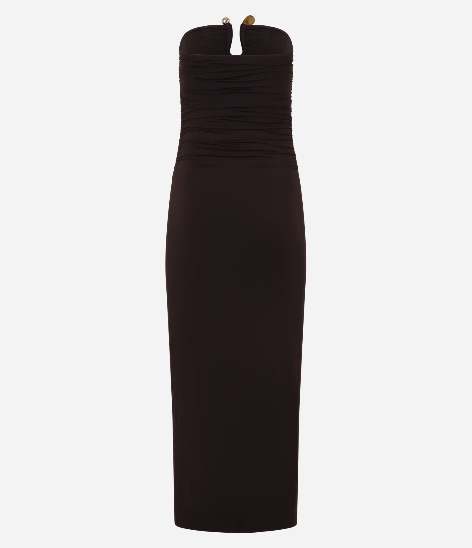 Vestido Sem Manga com Drapeado Sem Alça e Detalhe de Pedra no Decote Marrom 9