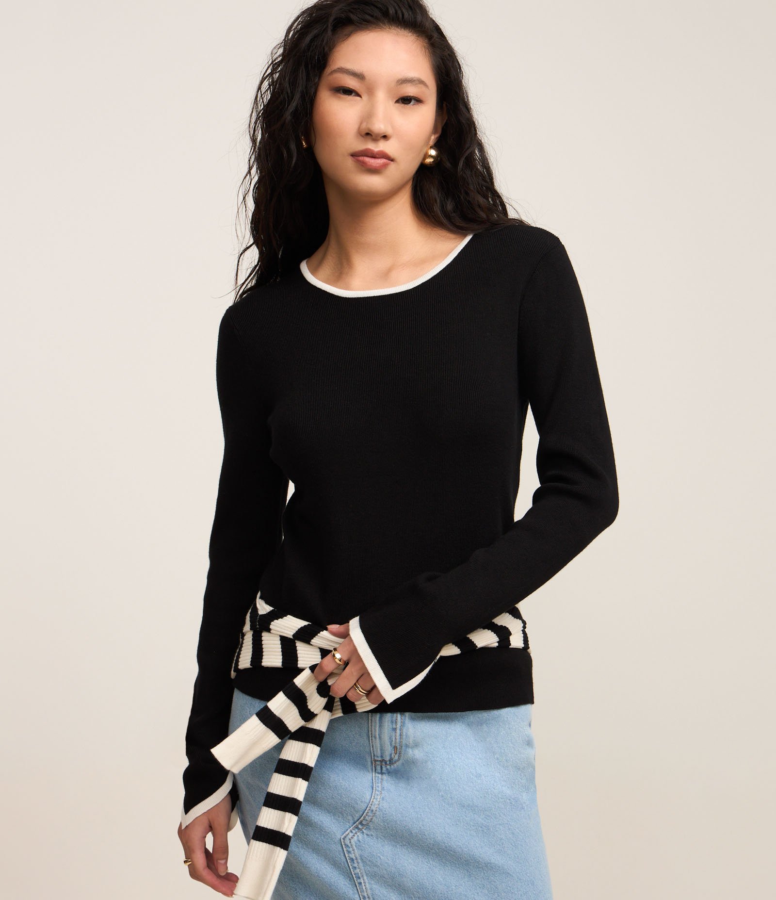 Suéter Regular em Tricô com Viés Contrastantes Preto 1