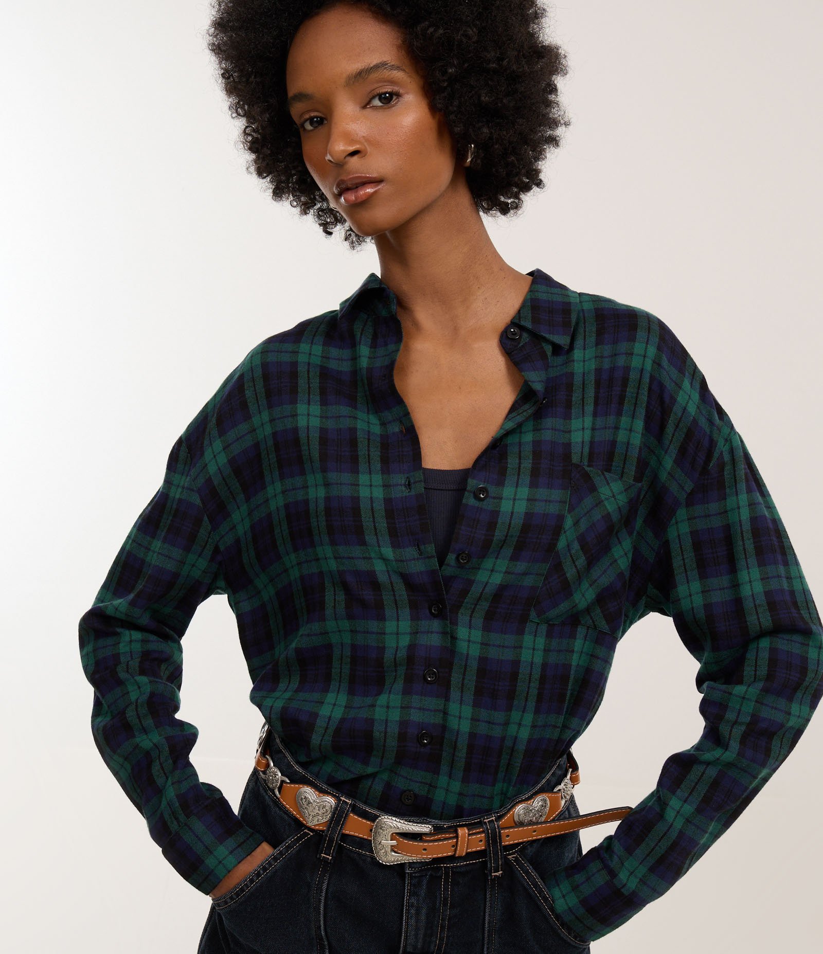 Camisa Oversized em Flanela Xadrez com Bolsinho Verde 1