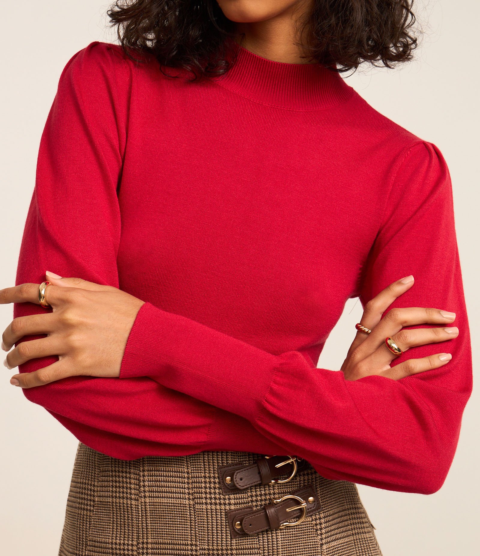 Suéter em Tricô com Gola Alta e Manga Bufante Vermelho 1