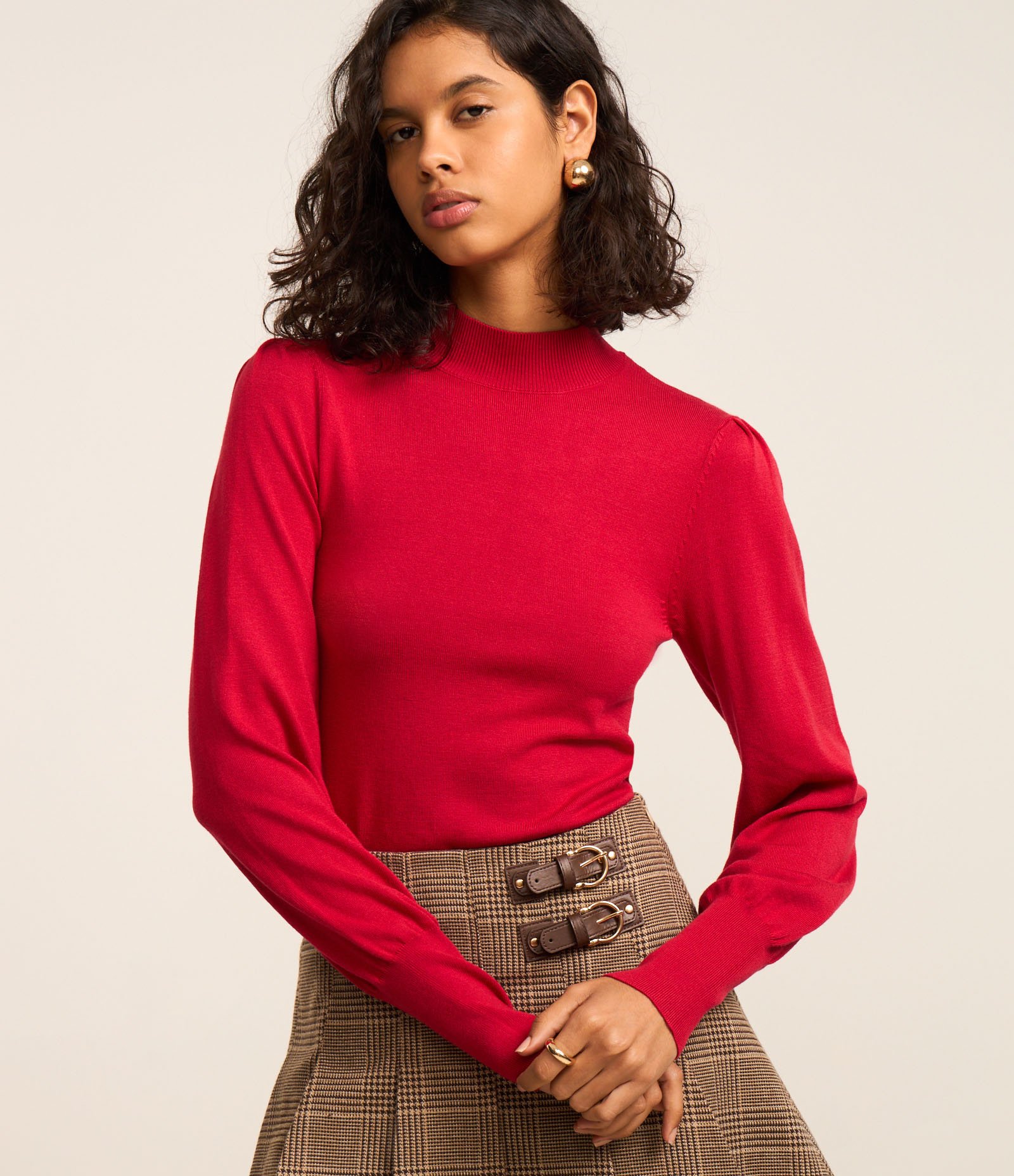 Suéter em Tricô com Gola Alta e Manga Bufante Vermelho 4