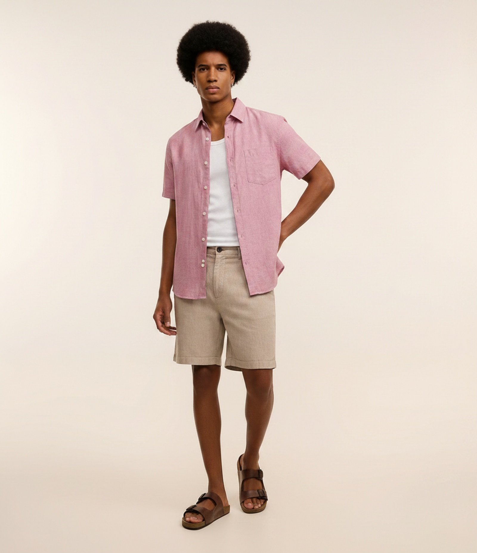 Camisa Comfort Básica em Linho com Bolso Frontal Rosa 1