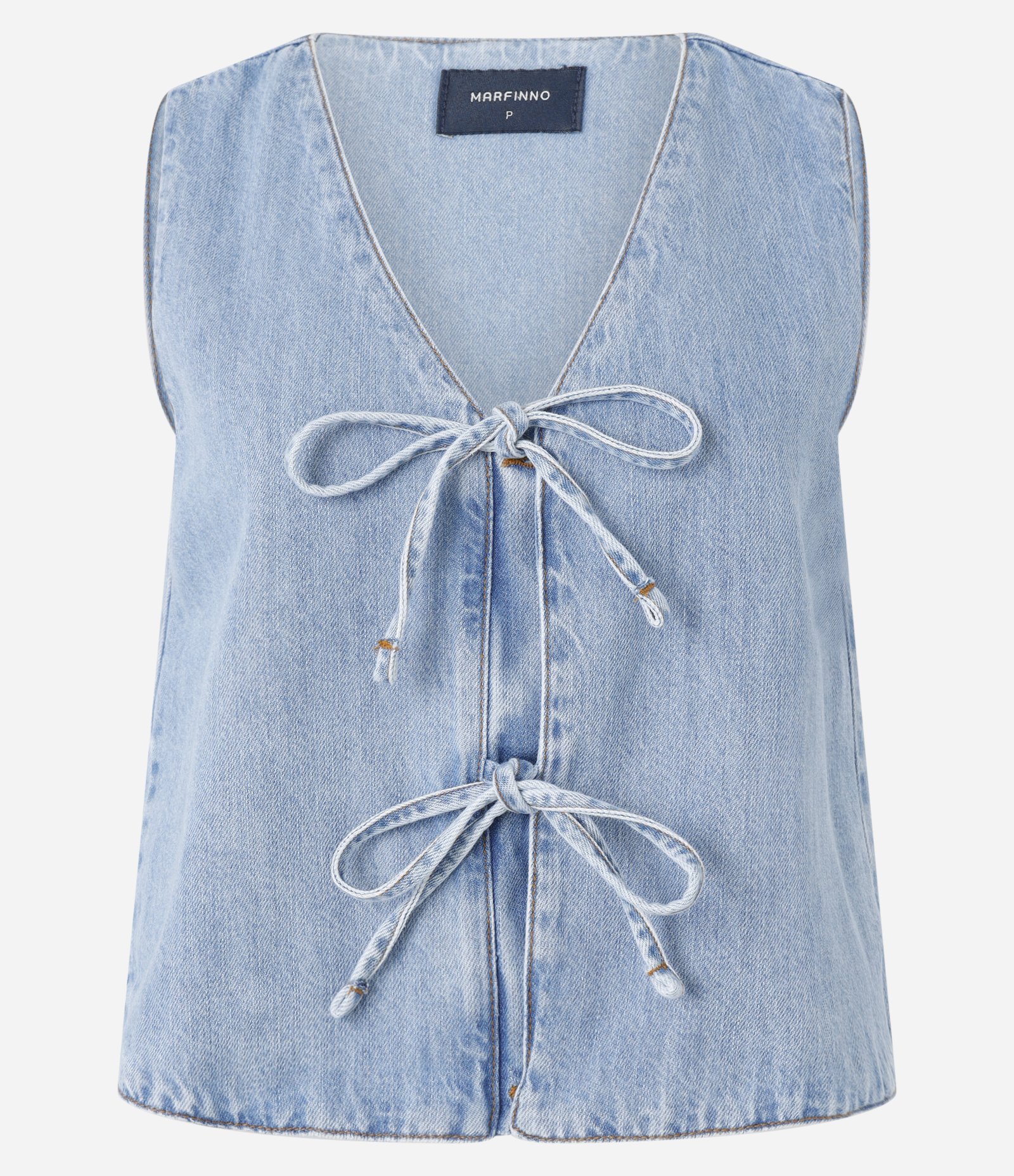 Blusa Sem Manga em Jeans com Laços Frontais Azul Claro 5