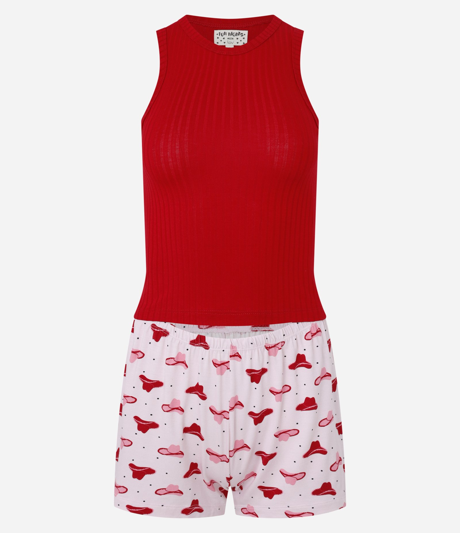 Pijama Short Doll em Ribana com Estampa Chapéu de Cowboy Vermelho/Branco 5