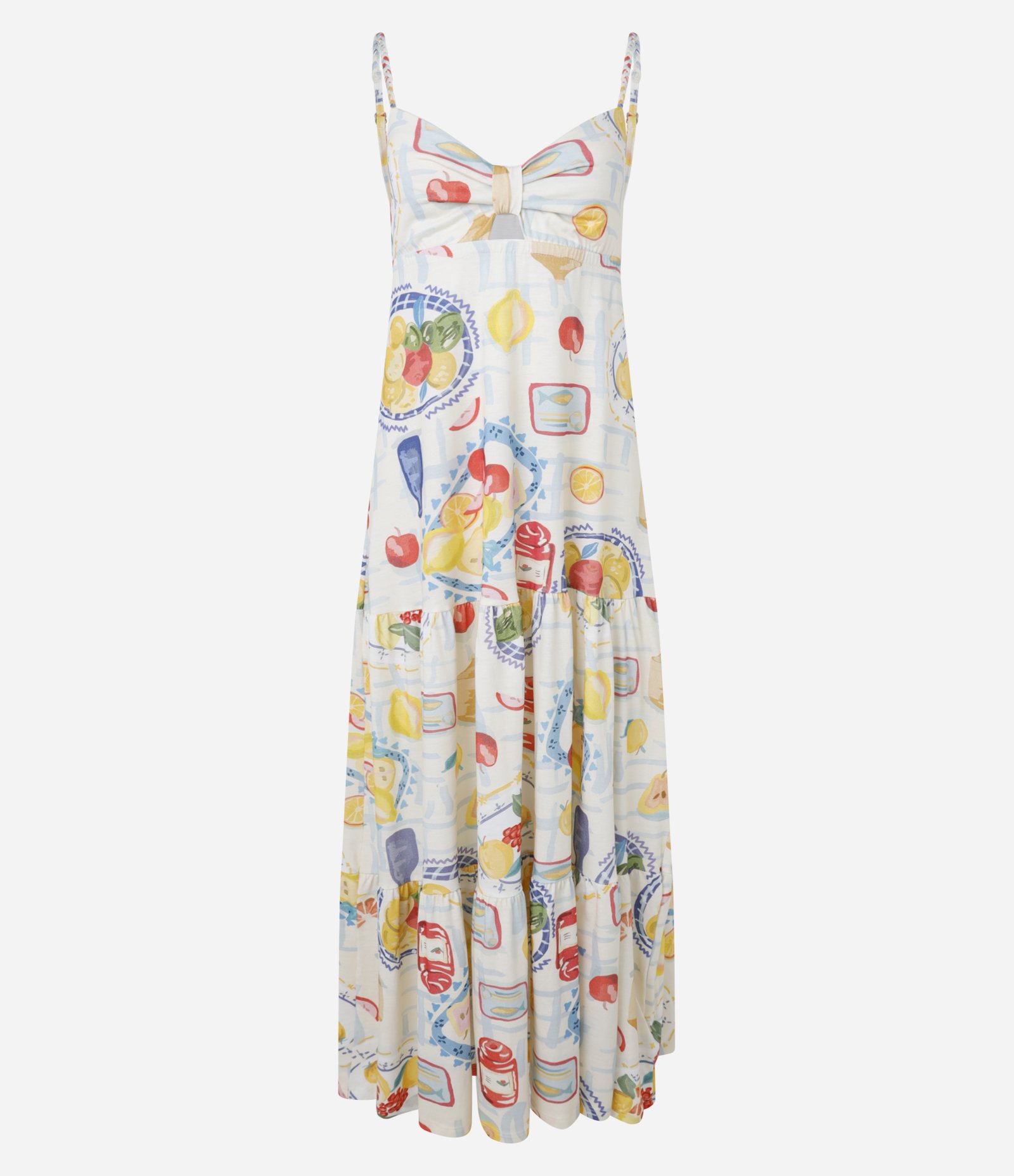 Vestido Long Midi de Alça em Algodão com Frutas Estampadas Multicores 1
