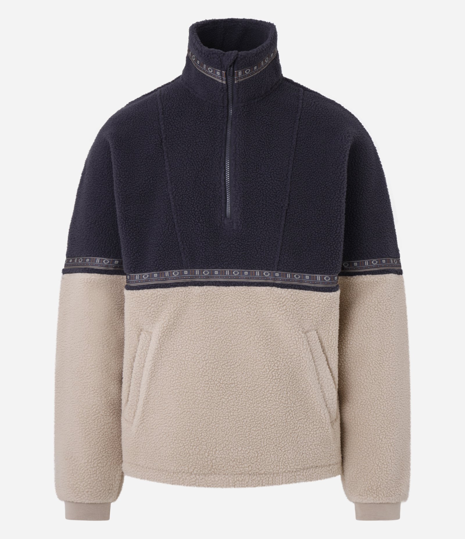 Casaco em Sherpa com Listra Estampada em Bloco de Cores Azul/Bege 6