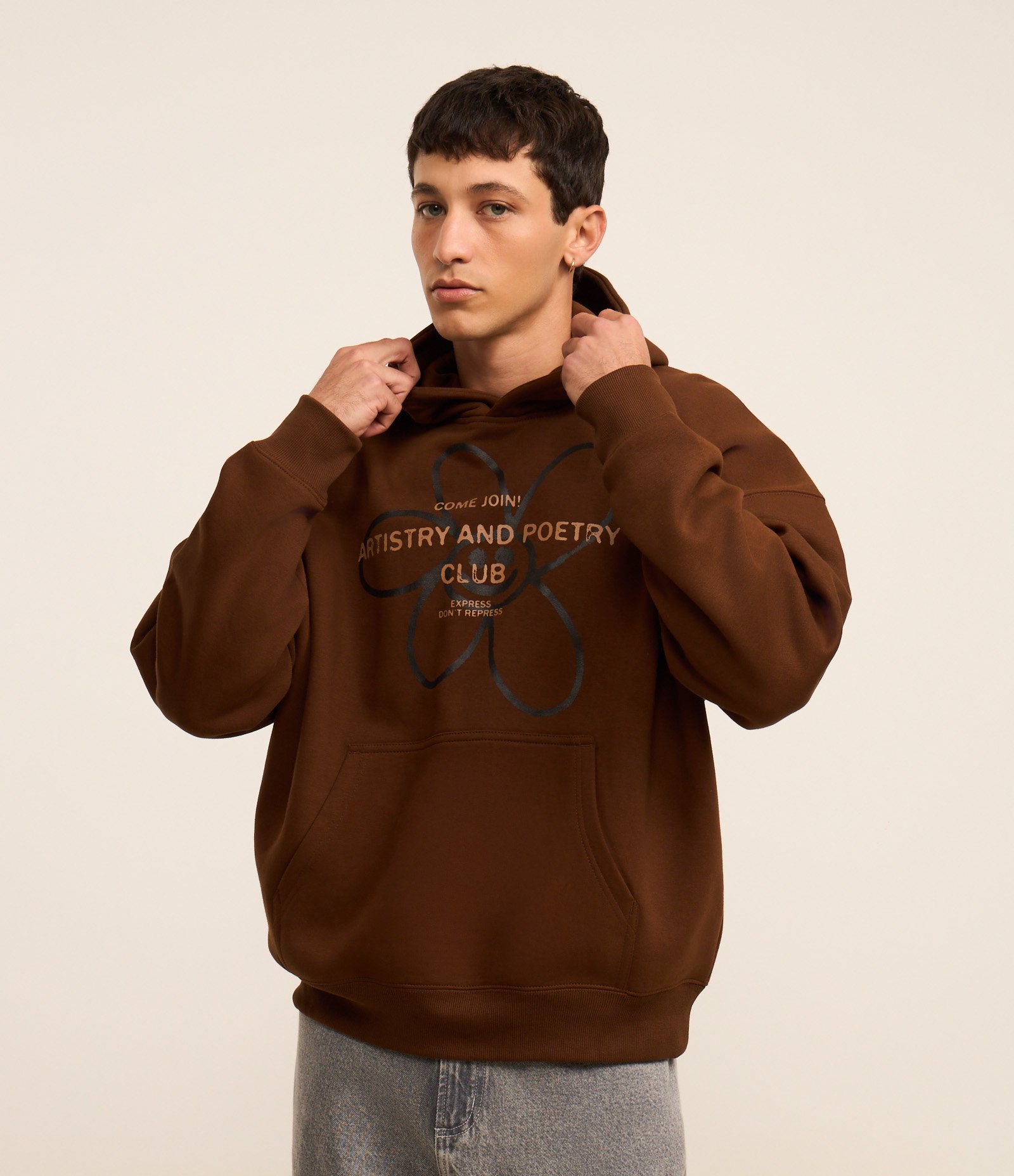 Casaco Boxy em Moletom com Felpa com Capuz e Estampa Lettering Marrom 1