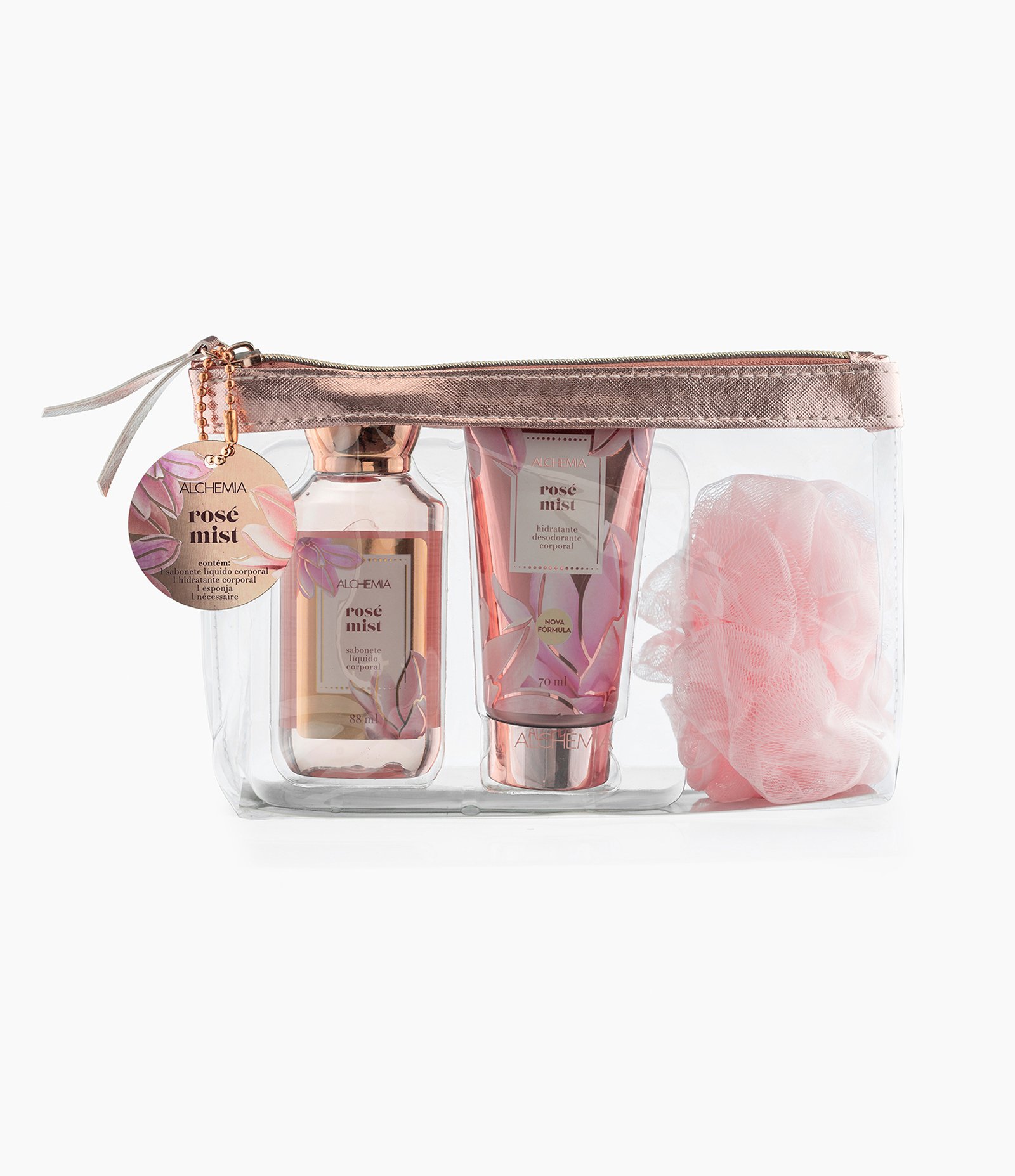 Kit Sabonete Líquido Corporal + Hidratante Desodorante Corporal + Esponja de Banho + Nécessaire Rosé Mist Alchemia KIT 1