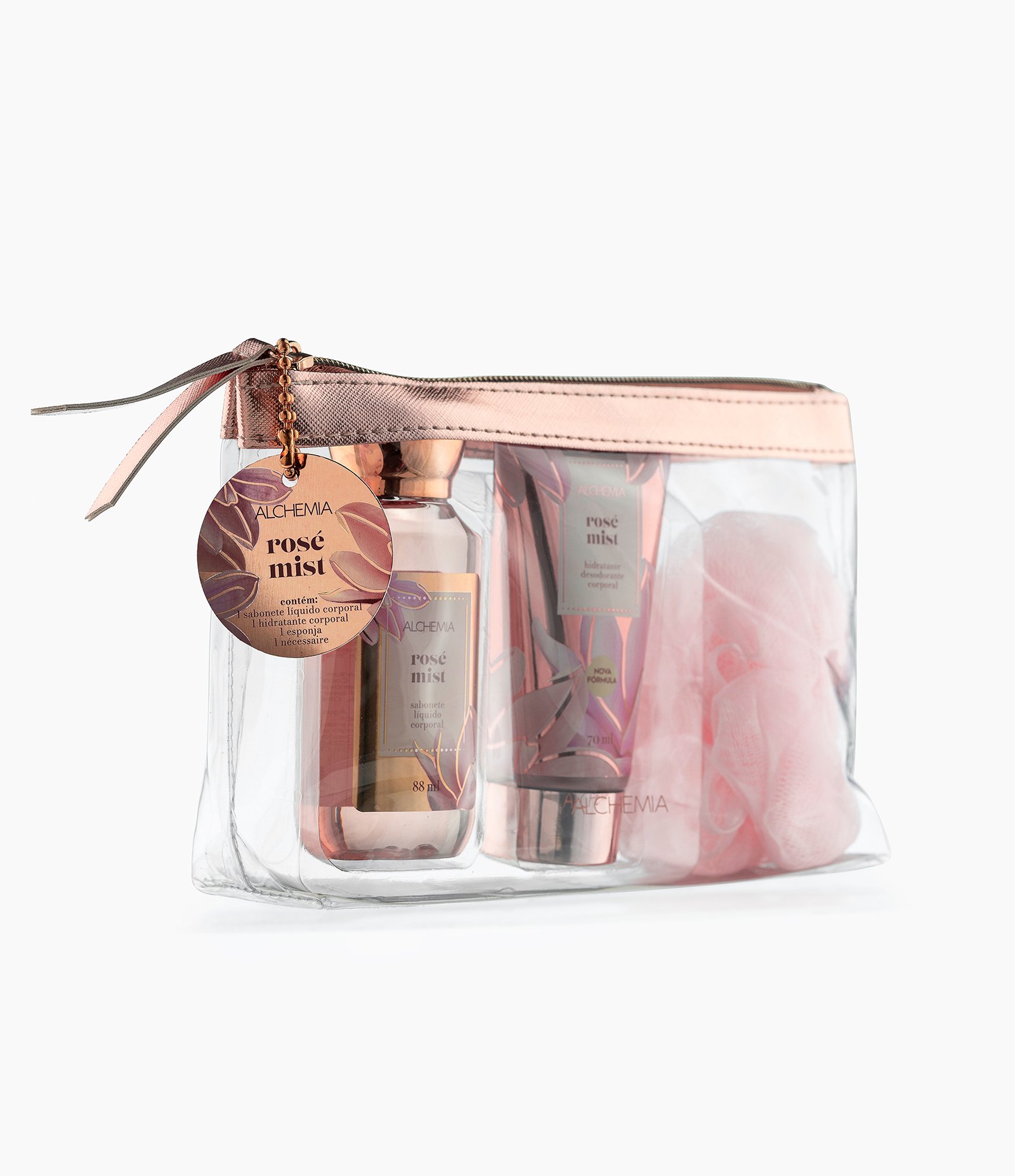 Kit Sabonete Líquido Corporal + Hidratante Desodorante Corporal + Esponja de Banho + Nécessaire Rosé Mist Alchemia KIT 2