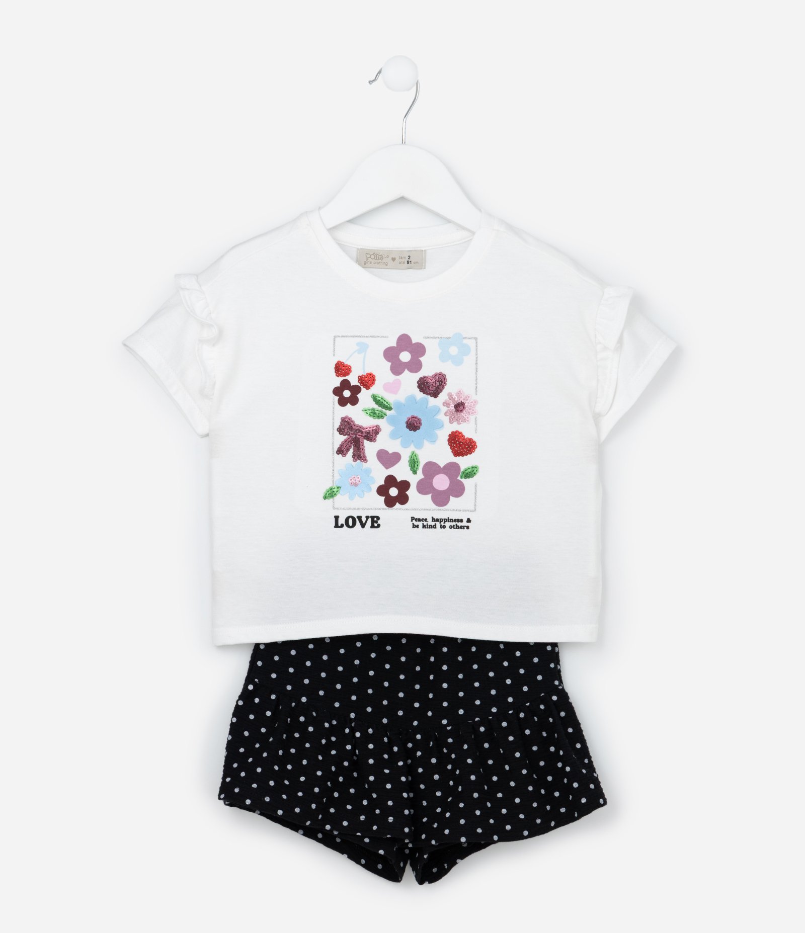 Conjunto Infantil com Babadinho e Estampa Poá e Flores - Tam 1 a 6 Anos Branco/Preto 1