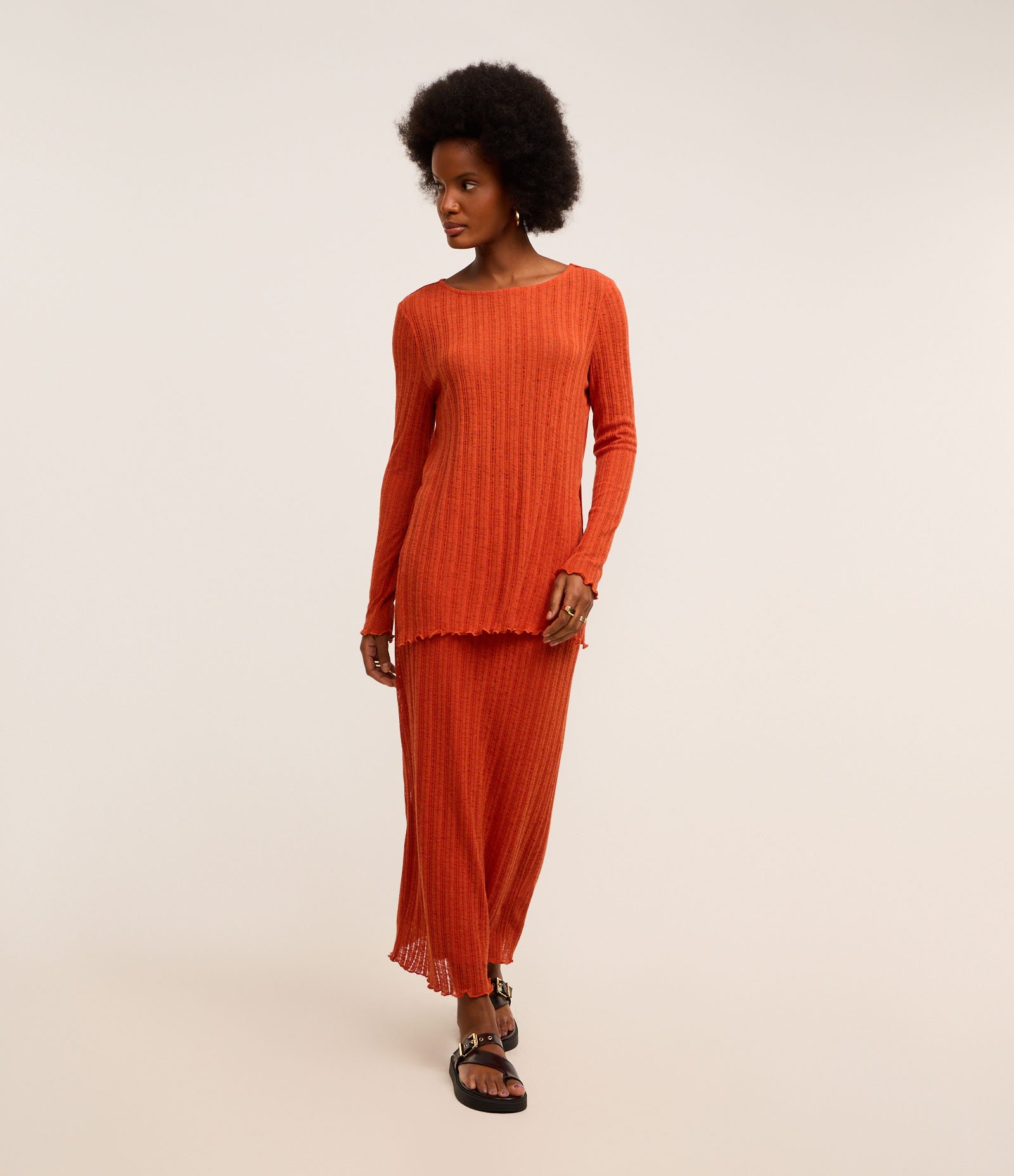 Blusa com Linho e Malha de Textura Canelada Laranja 2