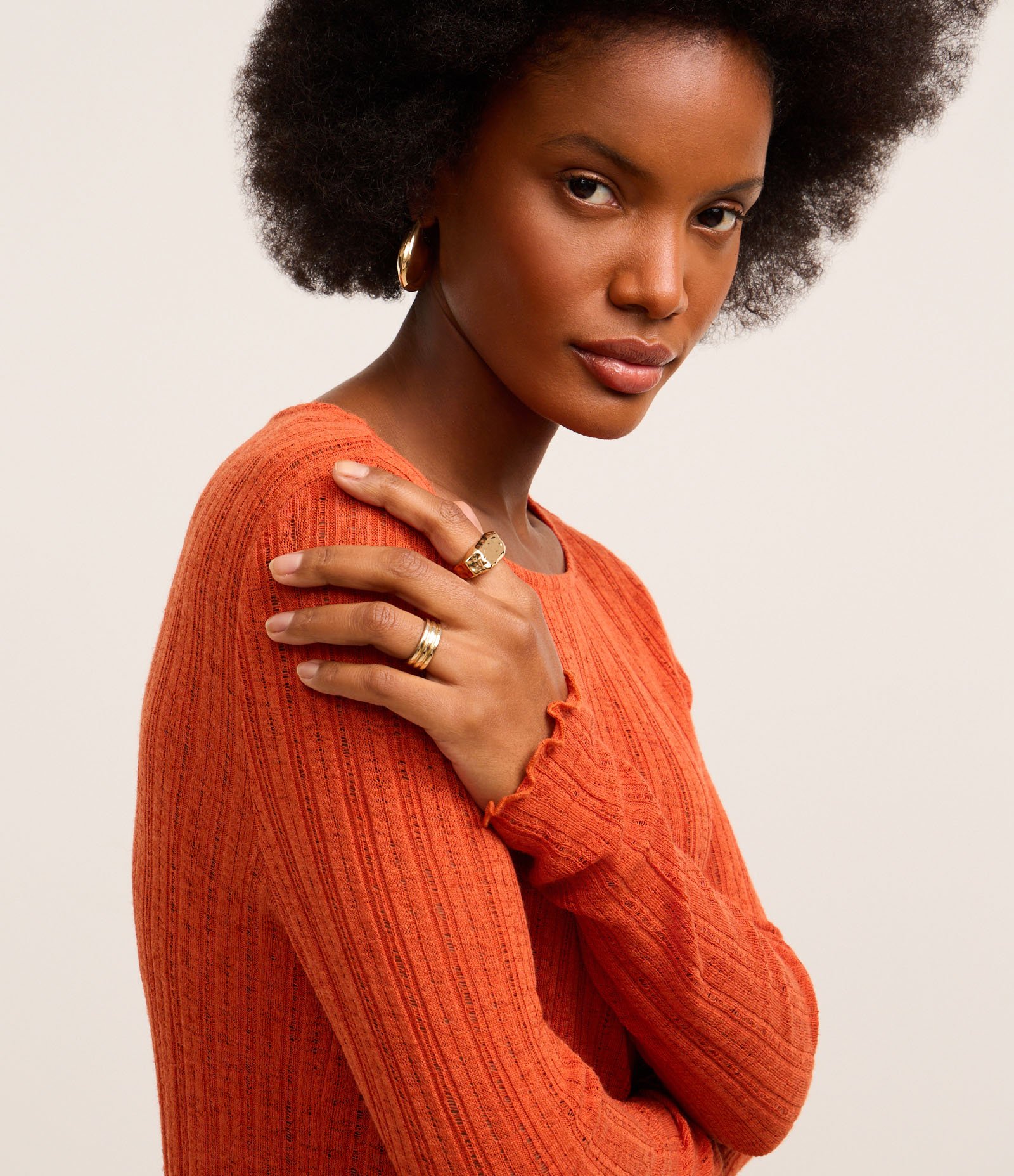 Blusa com Linho e Malha de Textura Canelada Laranja 3