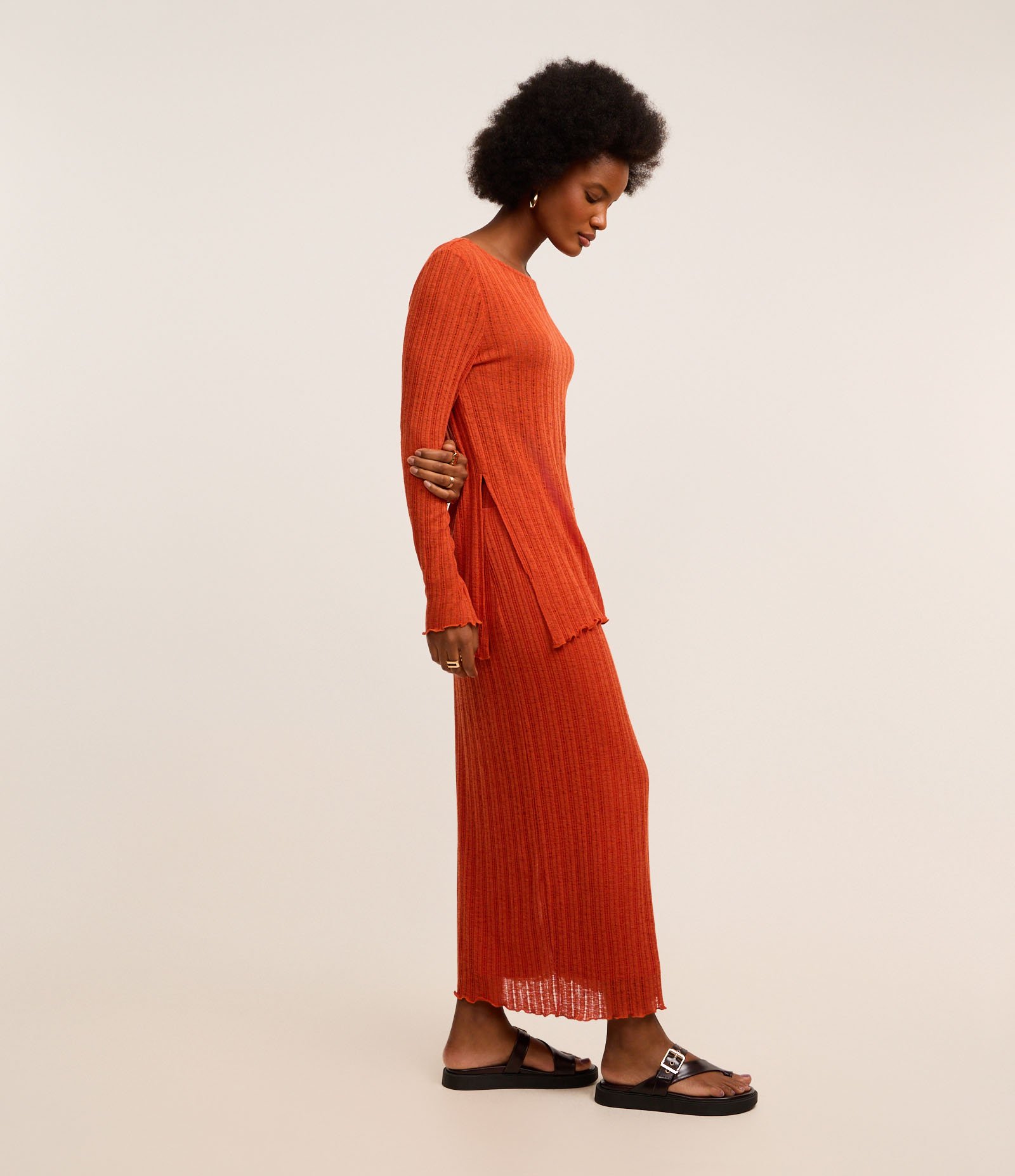 Blusa com Linho e Malha de Textura Canelada Laranja 4