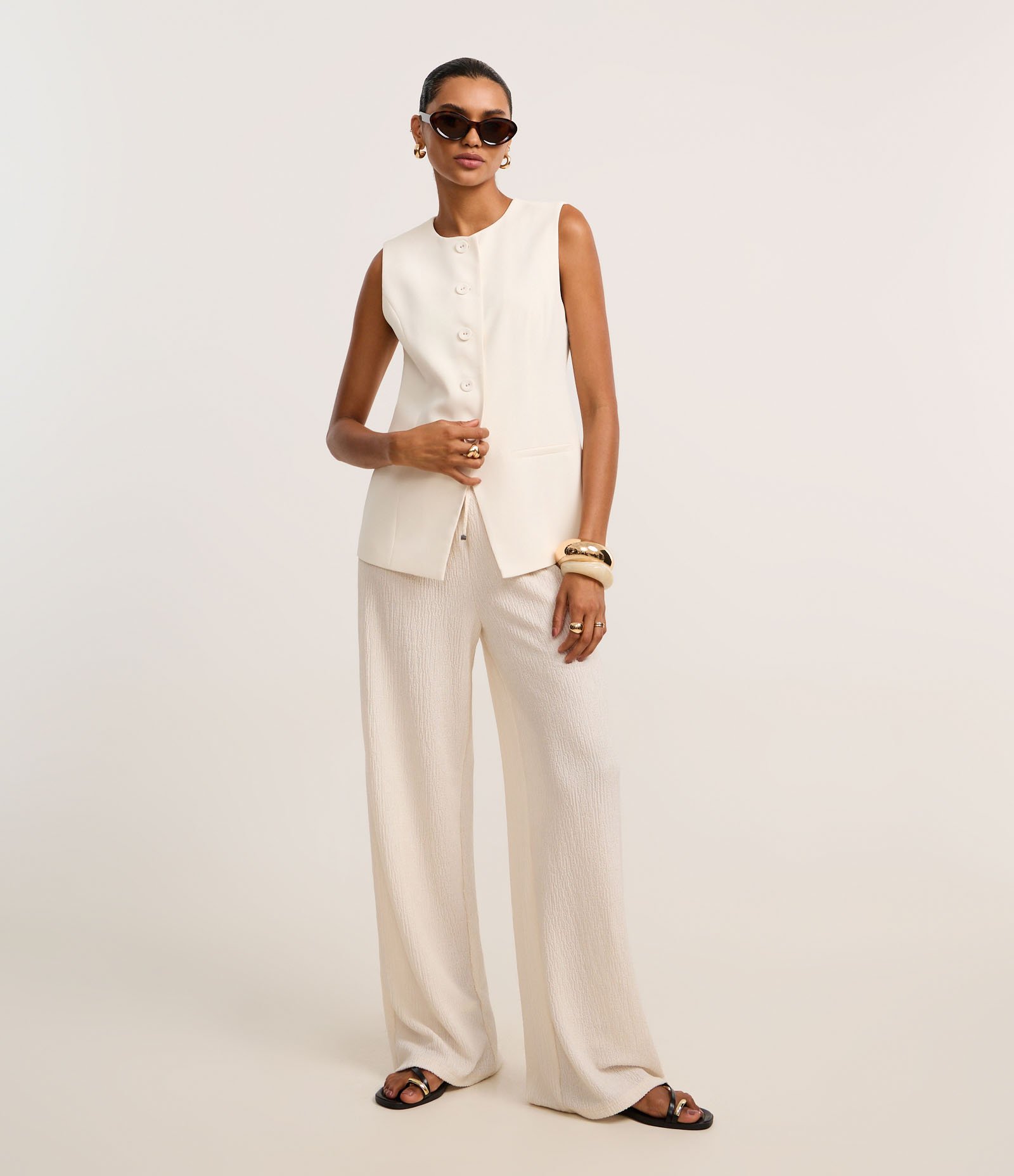 Calça Wide Leg com Textura e Elástico na Cintura Off White 1