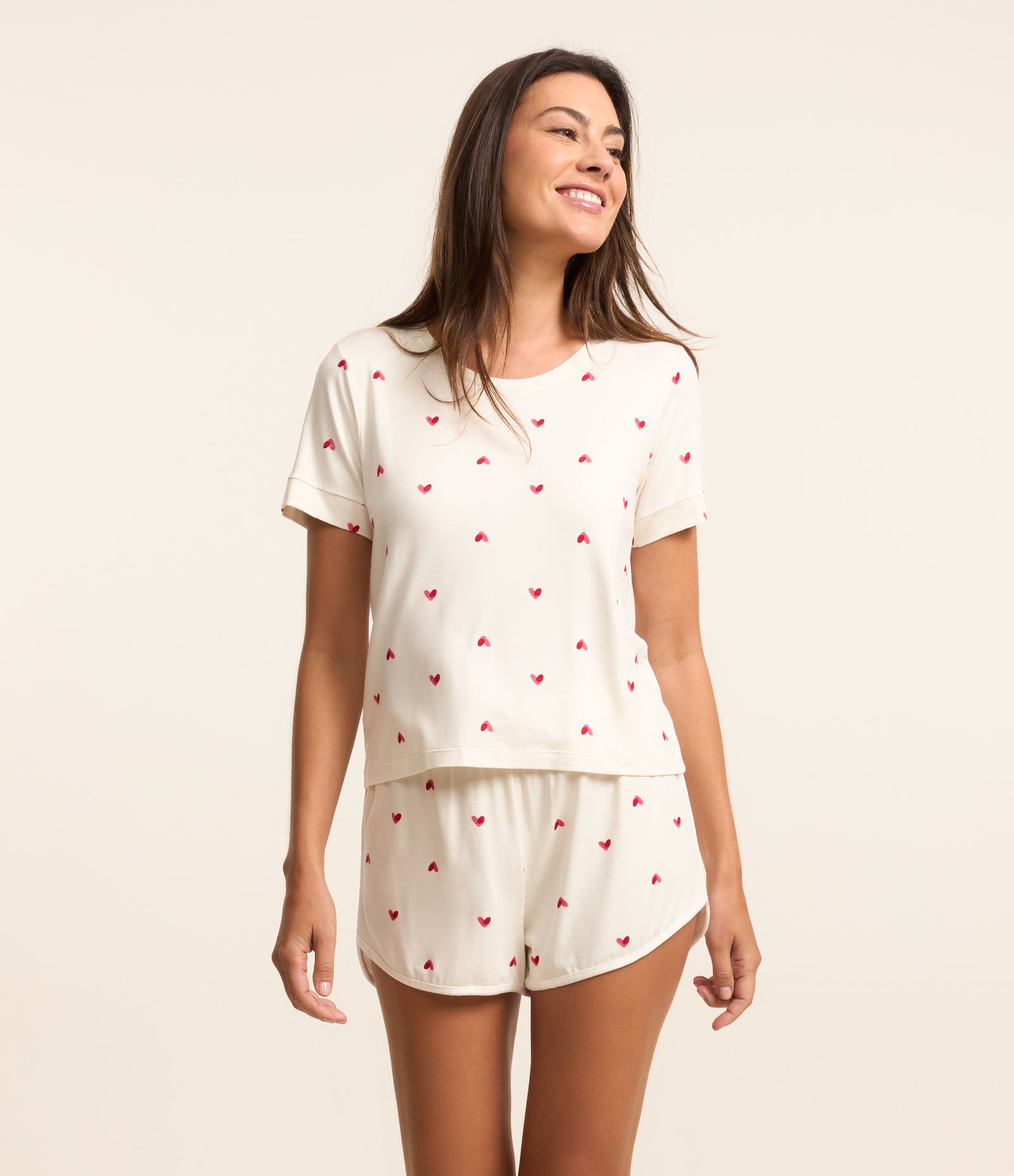 Short De Pijama em Viscose Com Estampa de Coração Branco 1