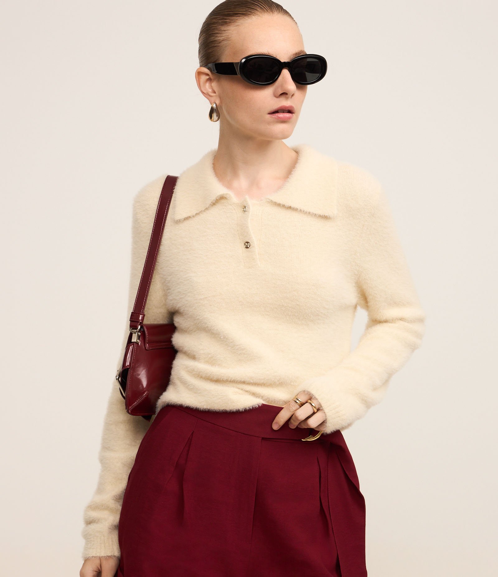 Casaco Peluciado em Tricô com Gola Polo Off White 1