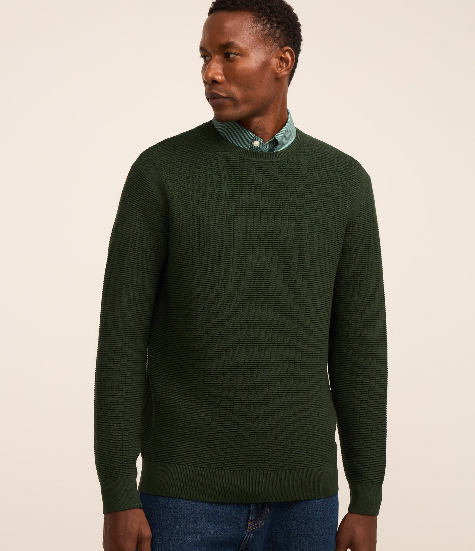 Suéter em Malha com Textura Xadrez Grid Verde Escuro 1