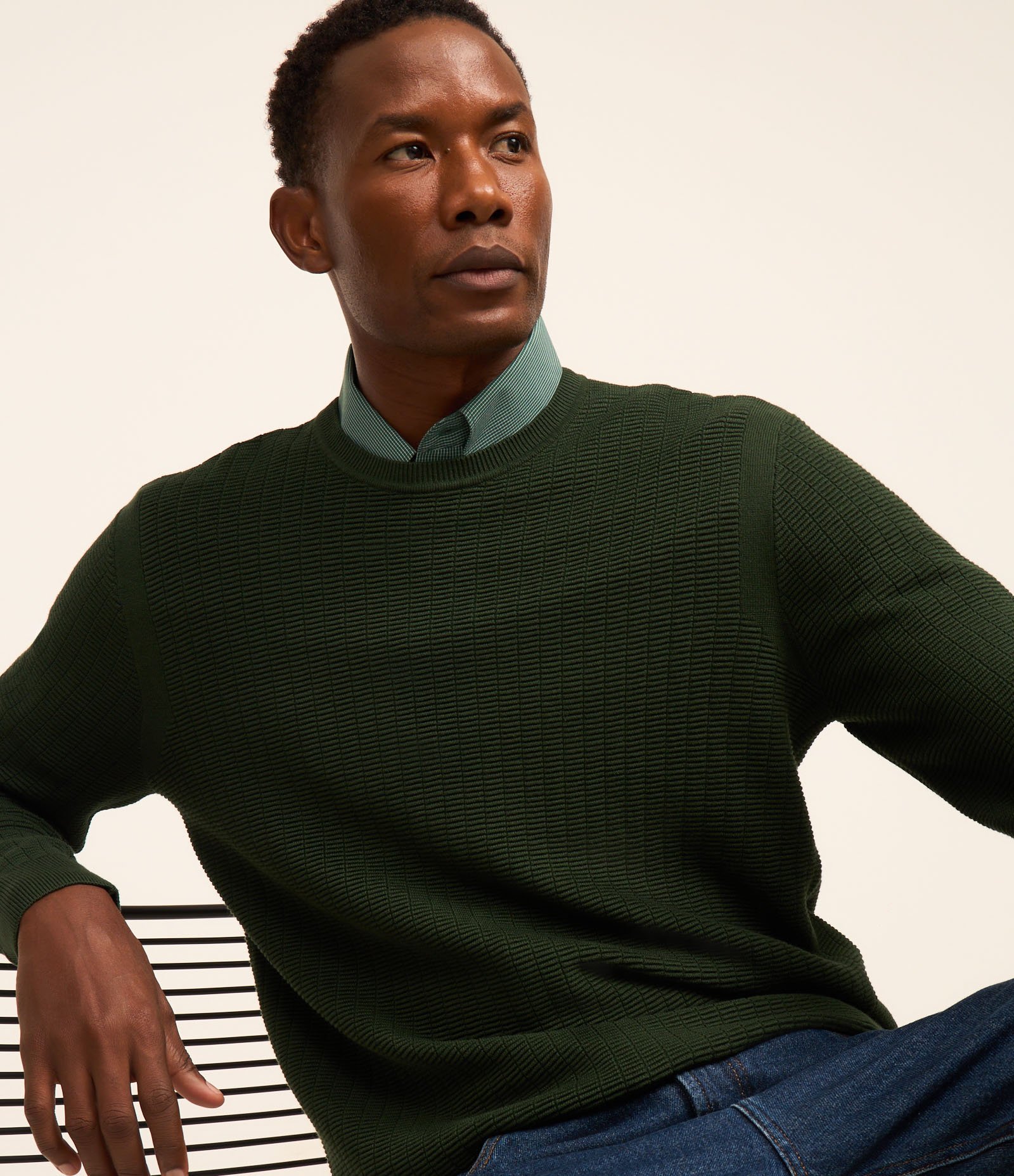 Suéter em Malha com Textura Xadrez Grid Verde Escuro 3