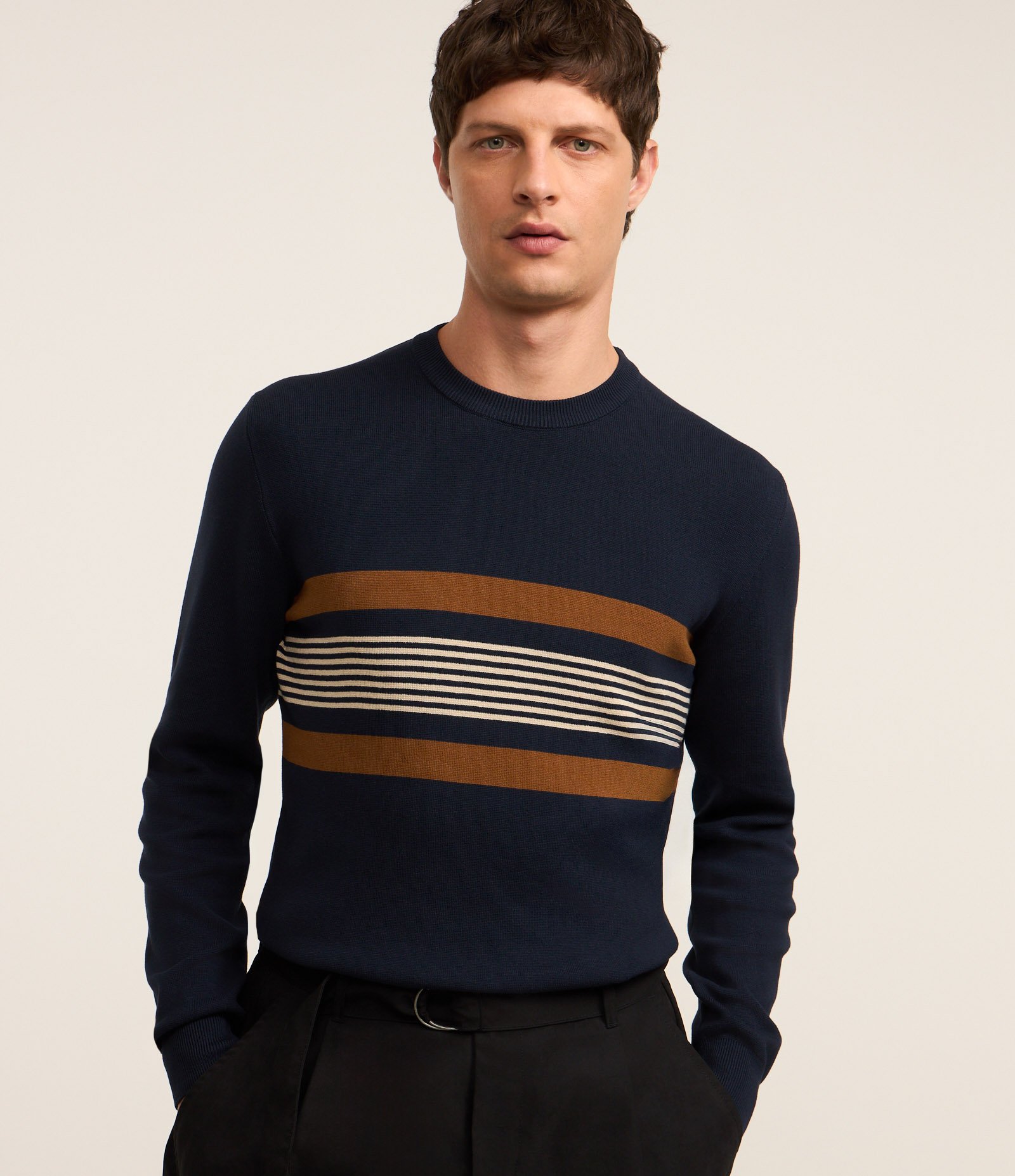 Suéter Regular em Tricô com Estampa de Listras Horizontais Azul 1