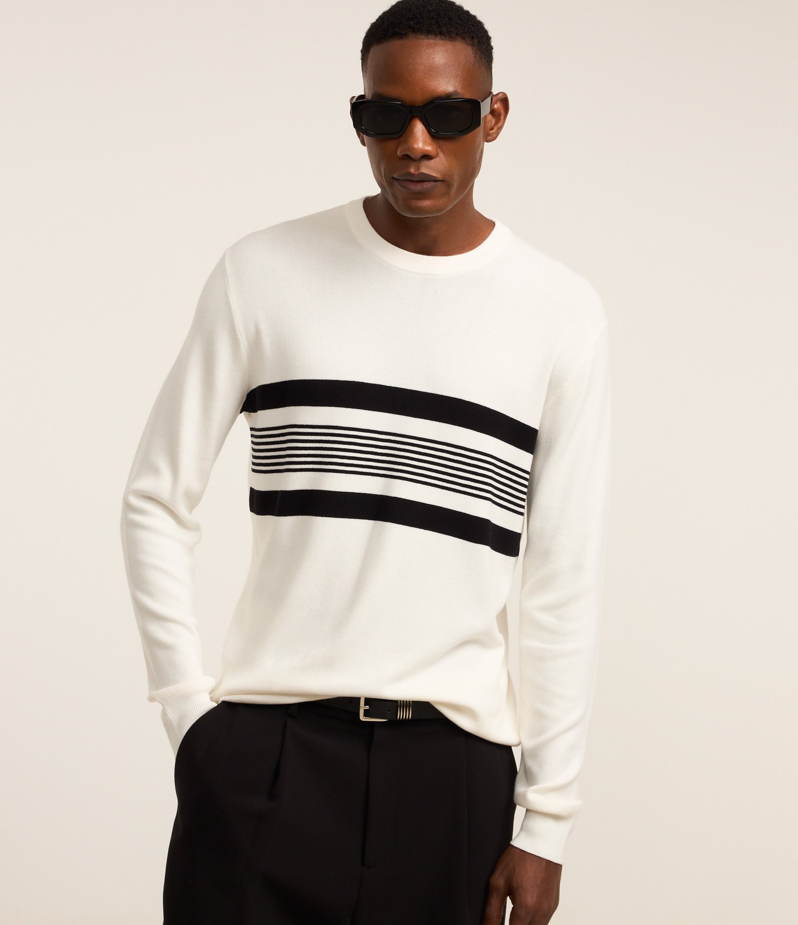 Suéter Regular em Tricô com Estampa de Listras Horizontais Branco 1