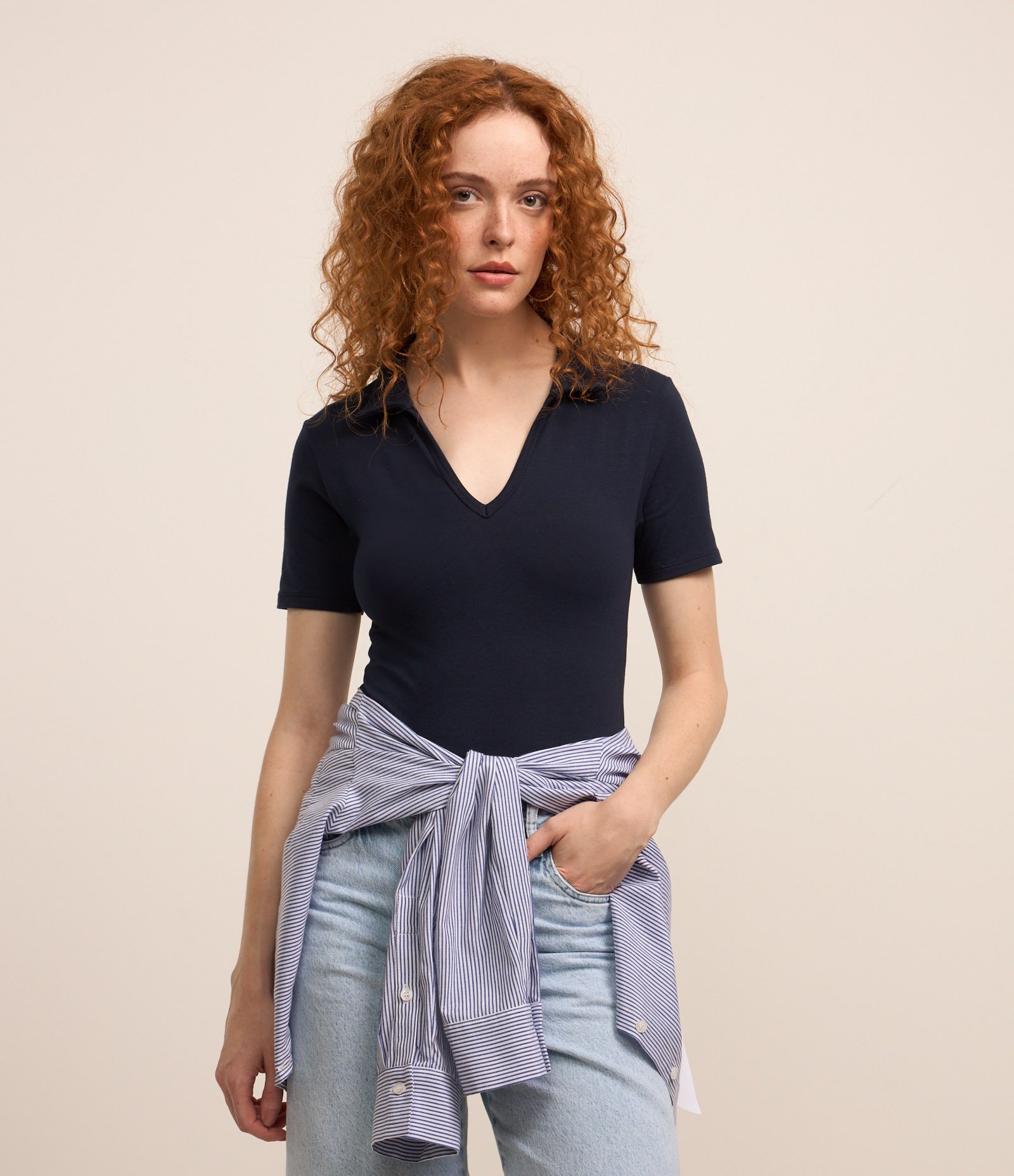 Body em Ribana com Gola Polo e Manga Curta Azul Marinho 1