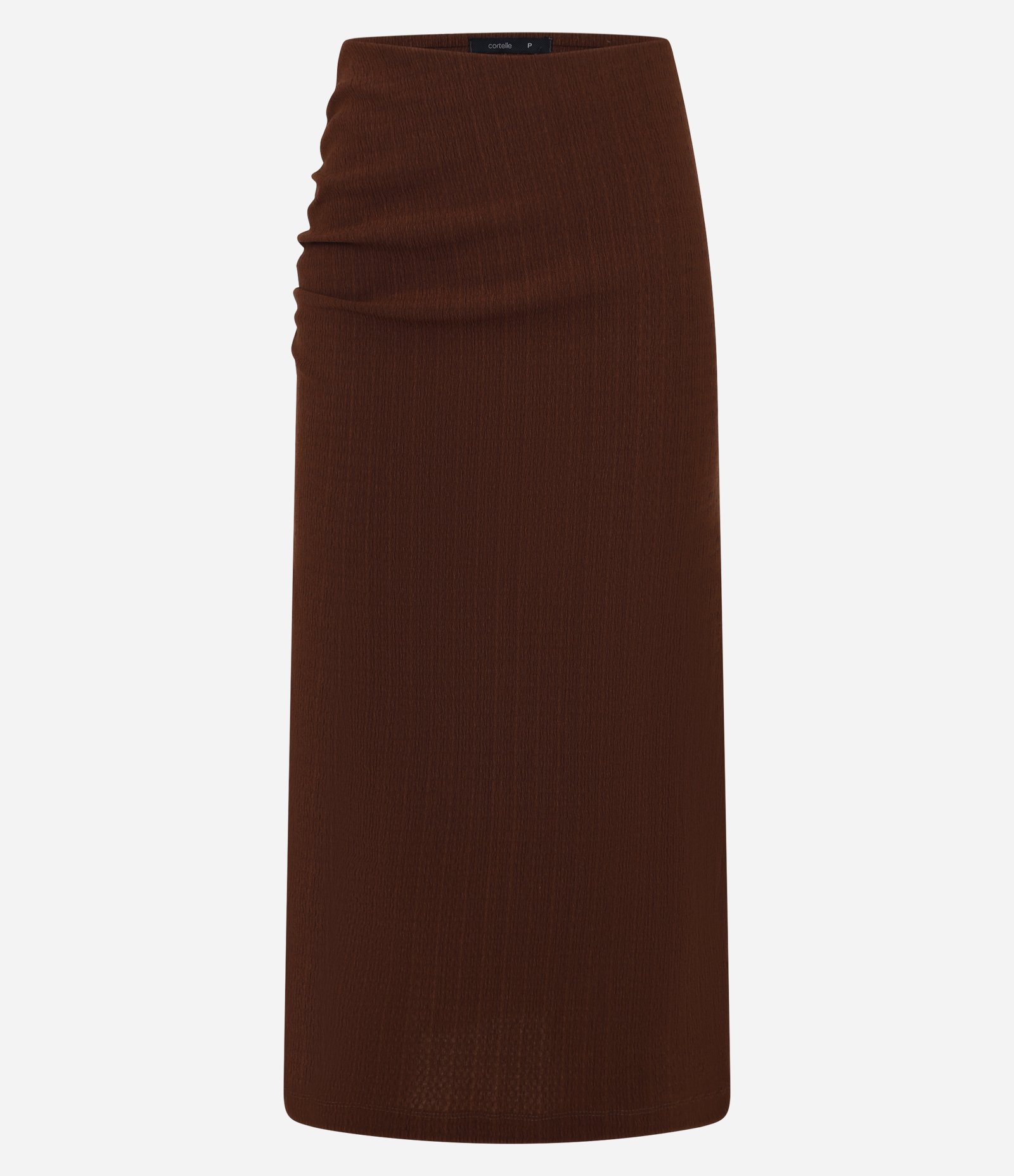 Saia Midi Texturizada com Elástico na Cintura e Franzido na Lateral Marrom 1