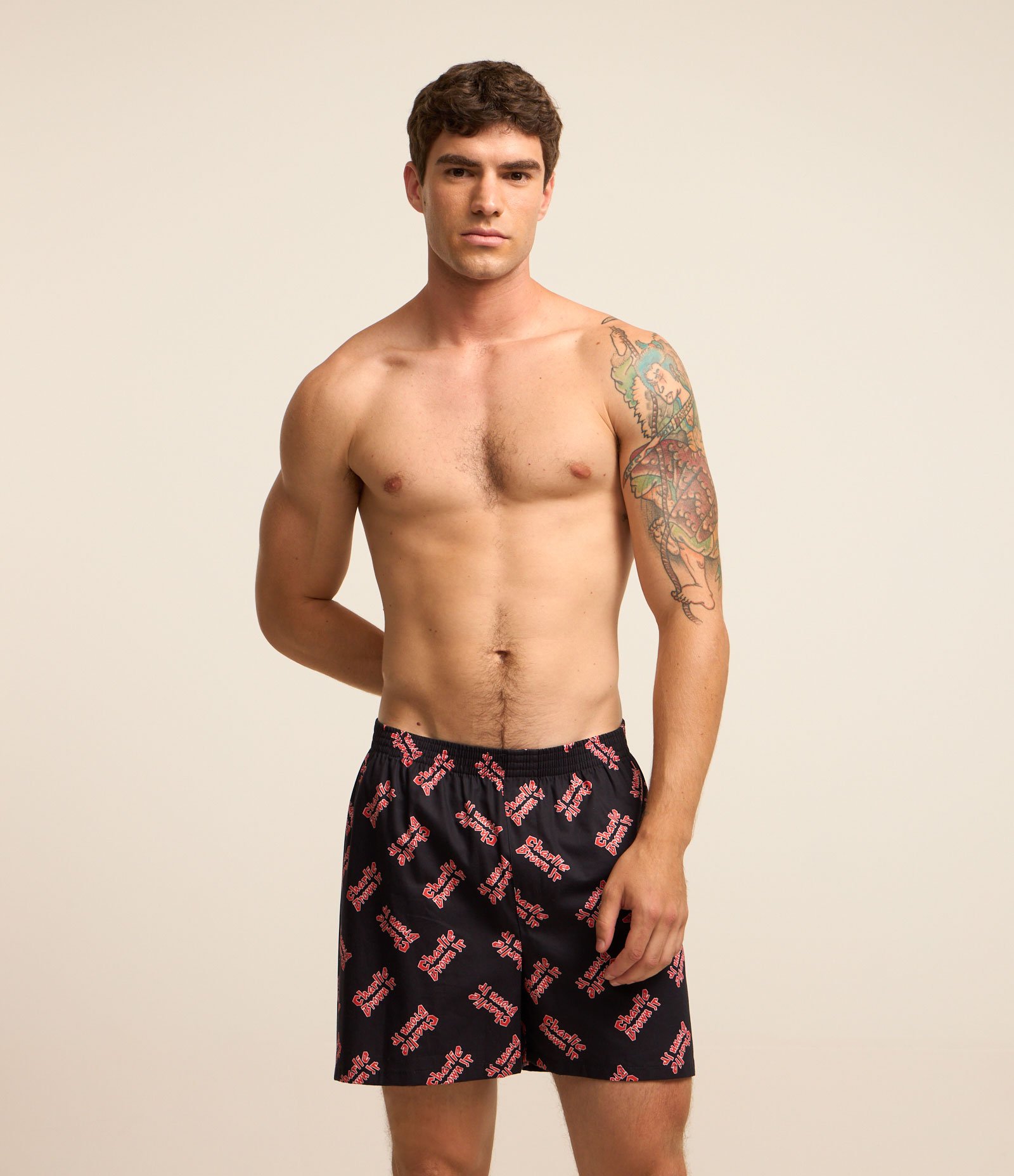 Cueca Samba Canção Curta em Tricoline com Estampa Charlie Brown Jr Preto 1