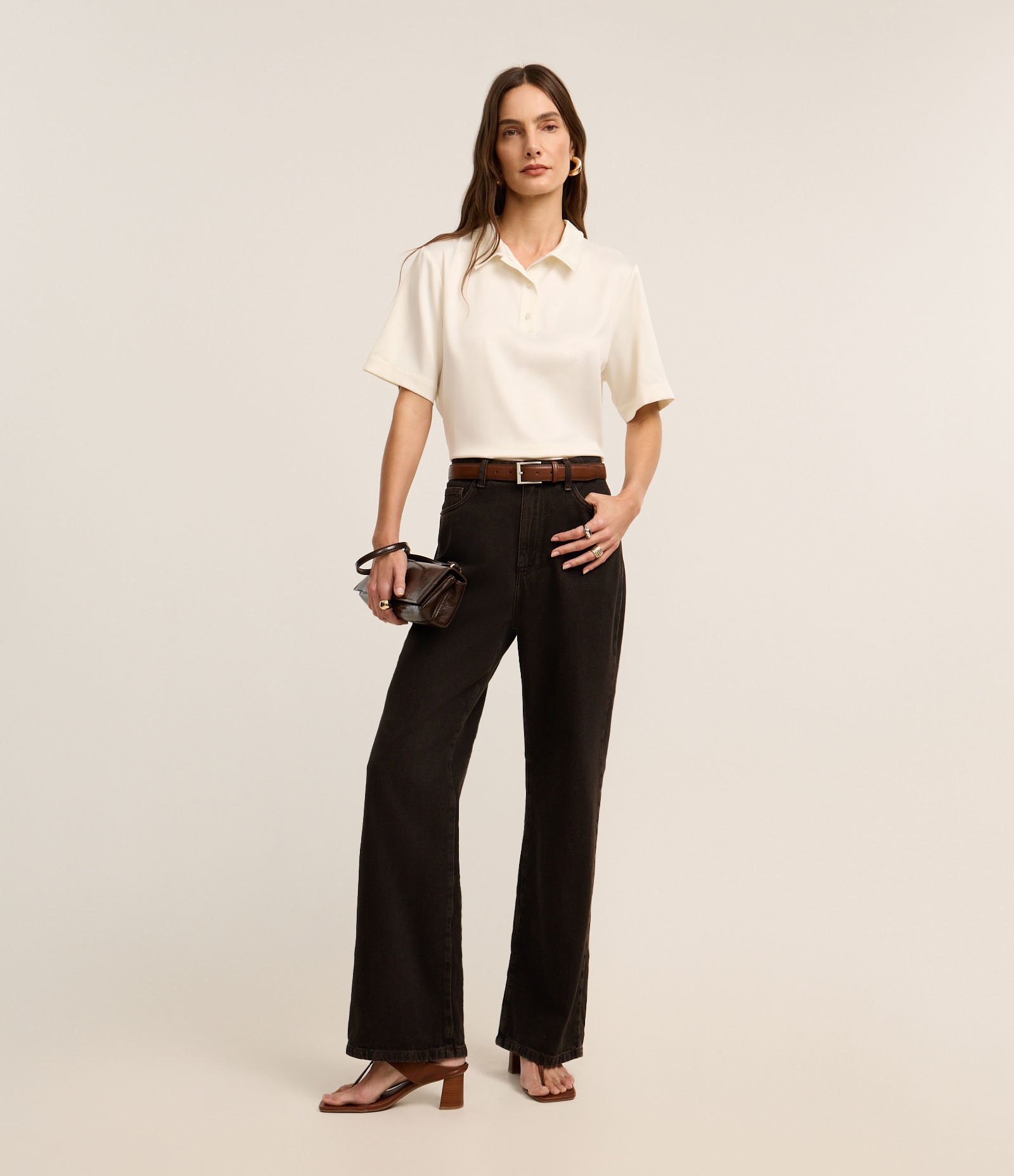 Camisa com Efeito Acetinado e Gola Polo Off White 2