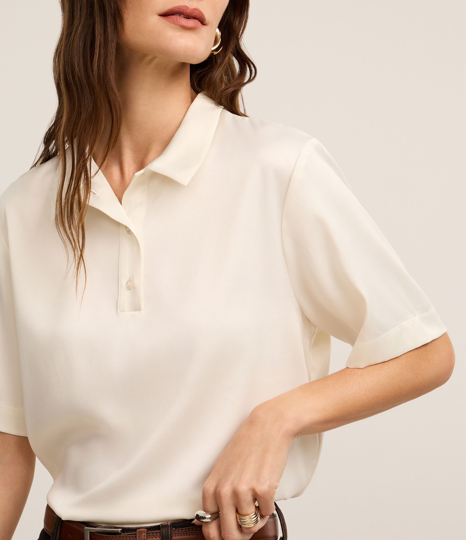 Camisa com Efeito Acetinado e Gola Polo Off White 3